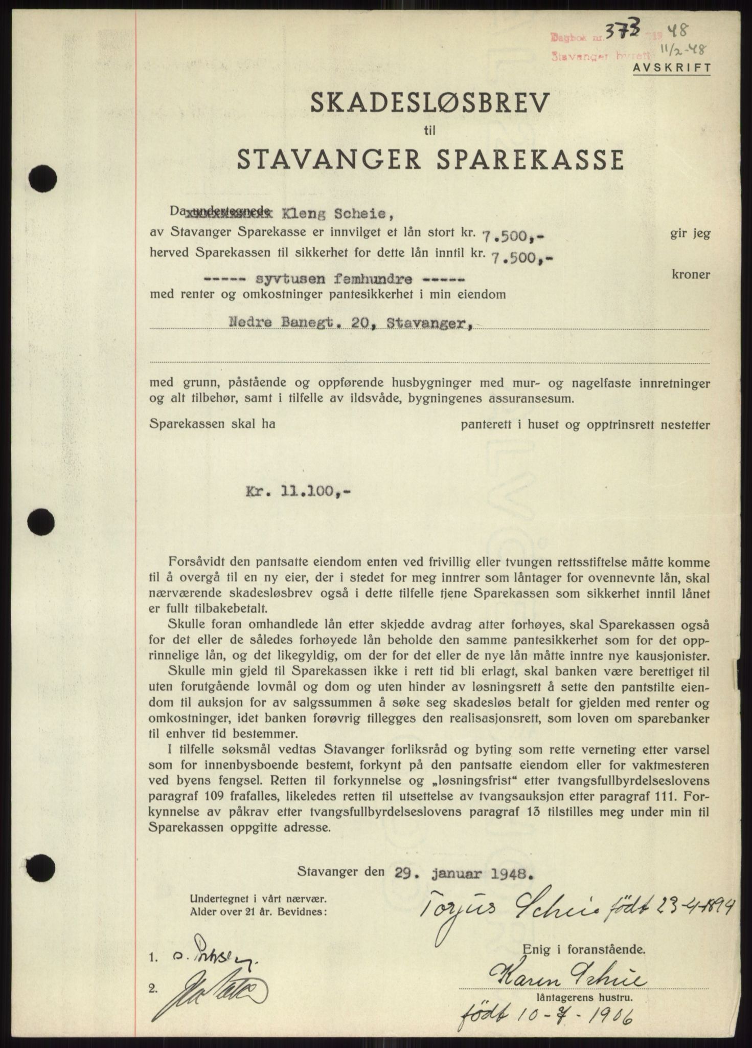 Stavanger byrett, SAST/A-100455/002/G/Gb/L0032: Mortgage book, 1947-1950, Diary no: : 373/1948