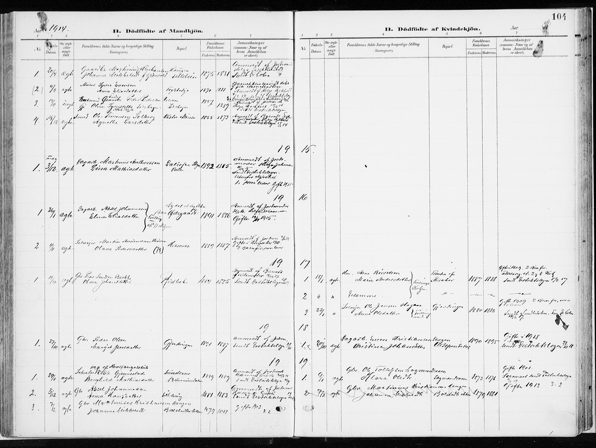 Ringsaker prestekontor, SAH/PREST-014/K/Ka/L0019: Parish register (official) no. 19, 1905-1920, p. 104