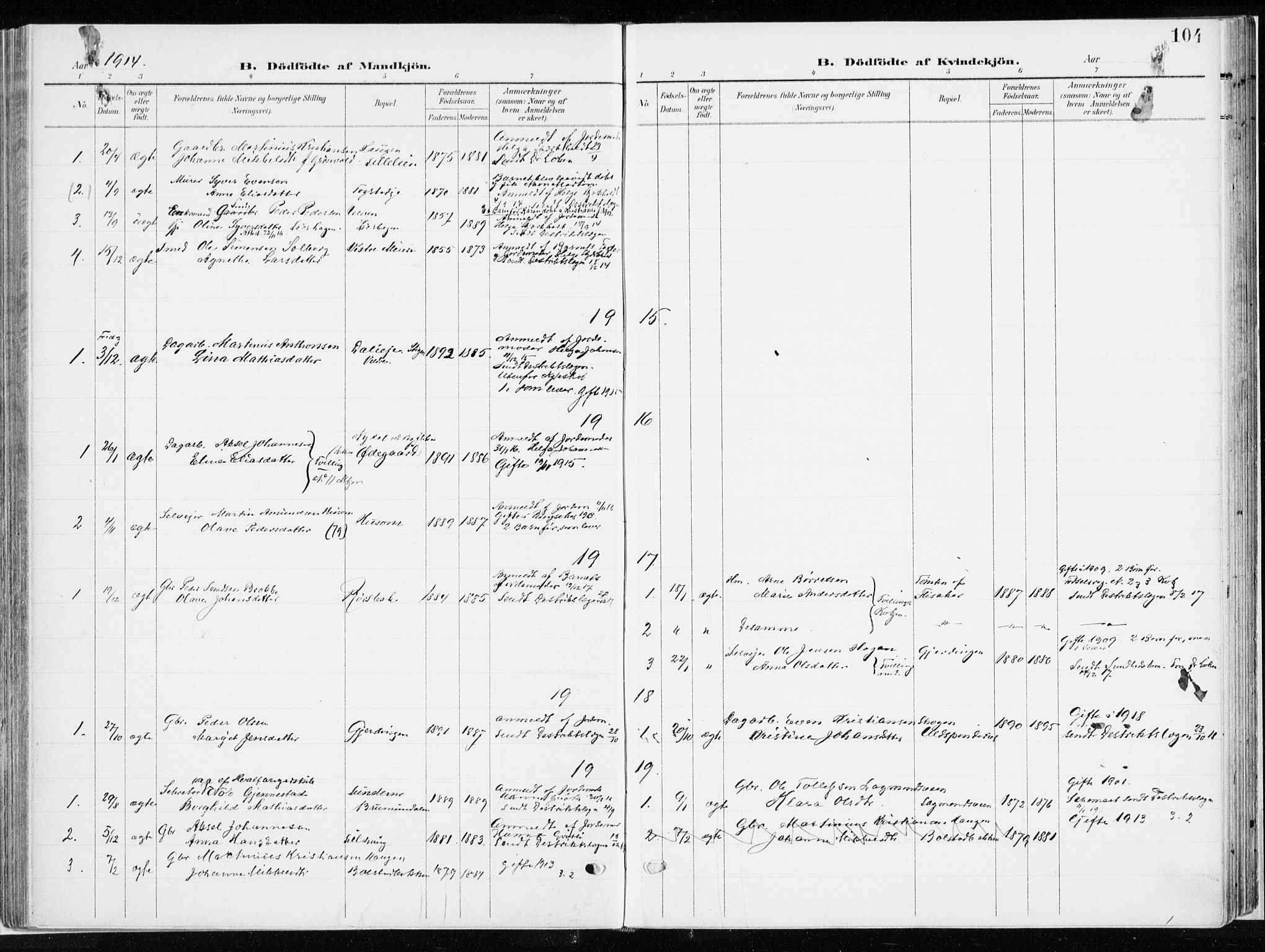 Ringsaker prestekontor, AV/SAH-PREST-014/K/Ka/L0019: Parish register (official) no. 19, 1905-1920, p. 104