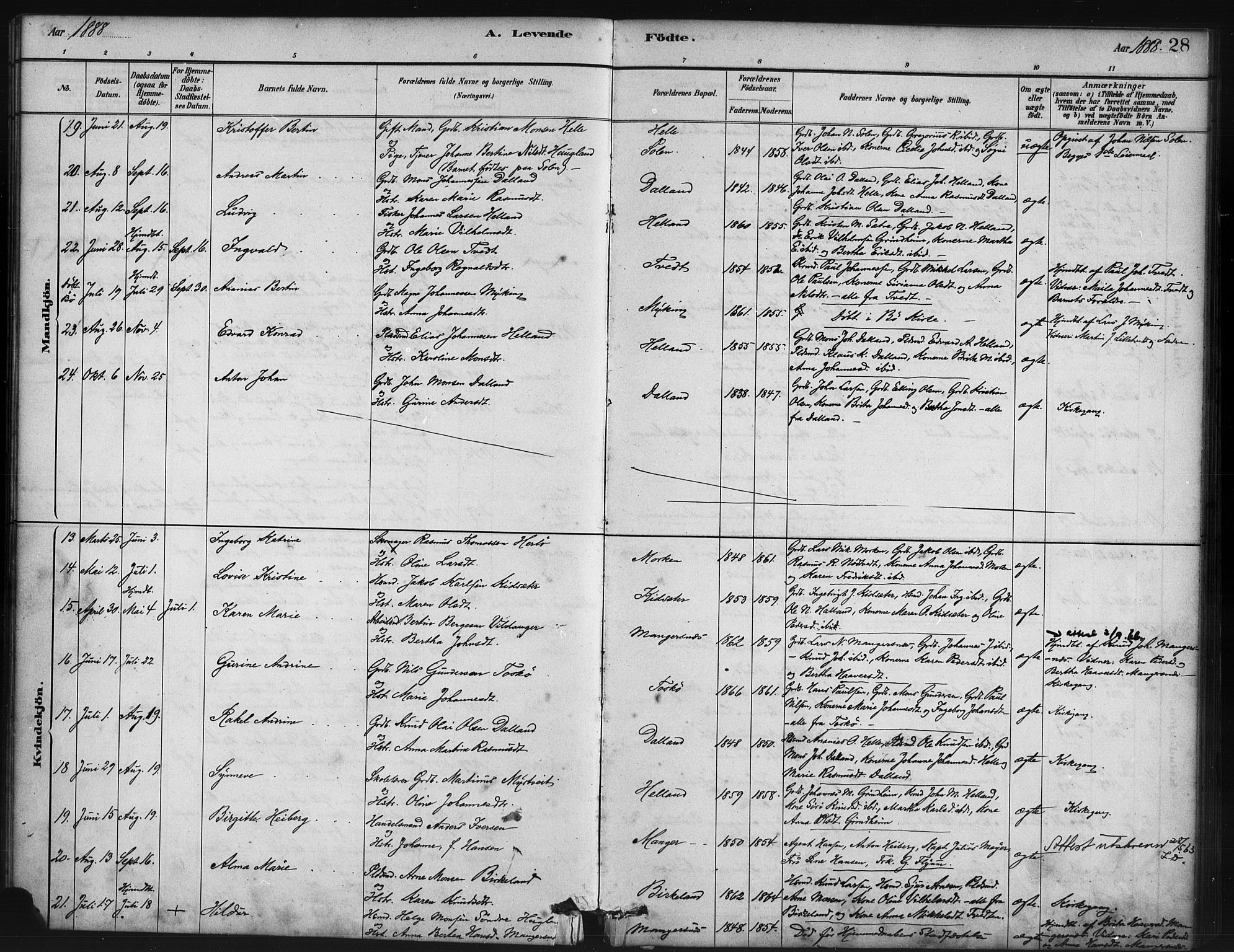 Manger sokneprestembete, SAB/A-76801/H/Haa: Parish register (official) no. B 1, 1881-1892, p. 28