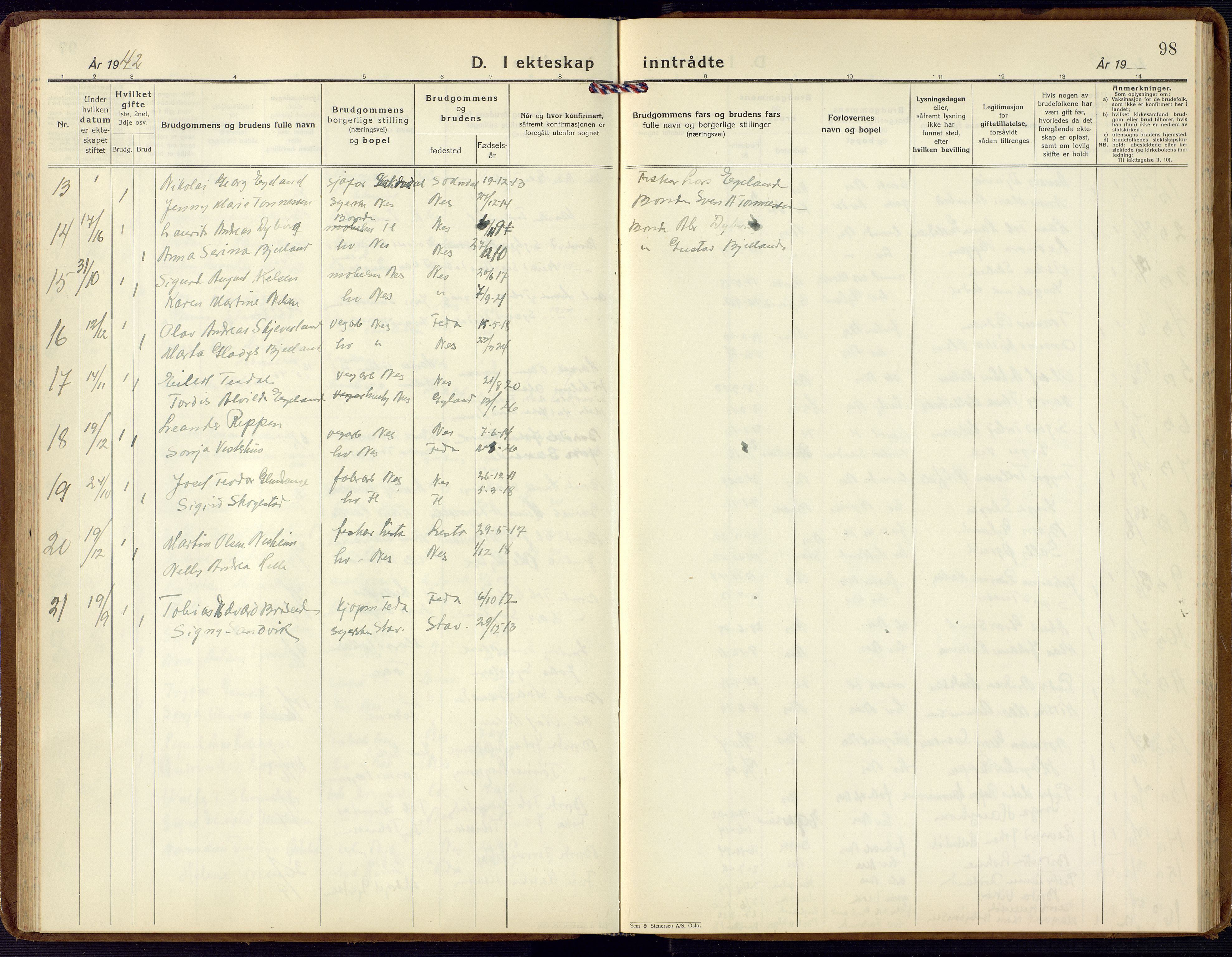 Flekkefjord sokneprestkontor, AV/SAK-1111-0012/F/Fb/Fbc/L0009: Parish register (copy) no. B 9, 1932-1965, p. 98