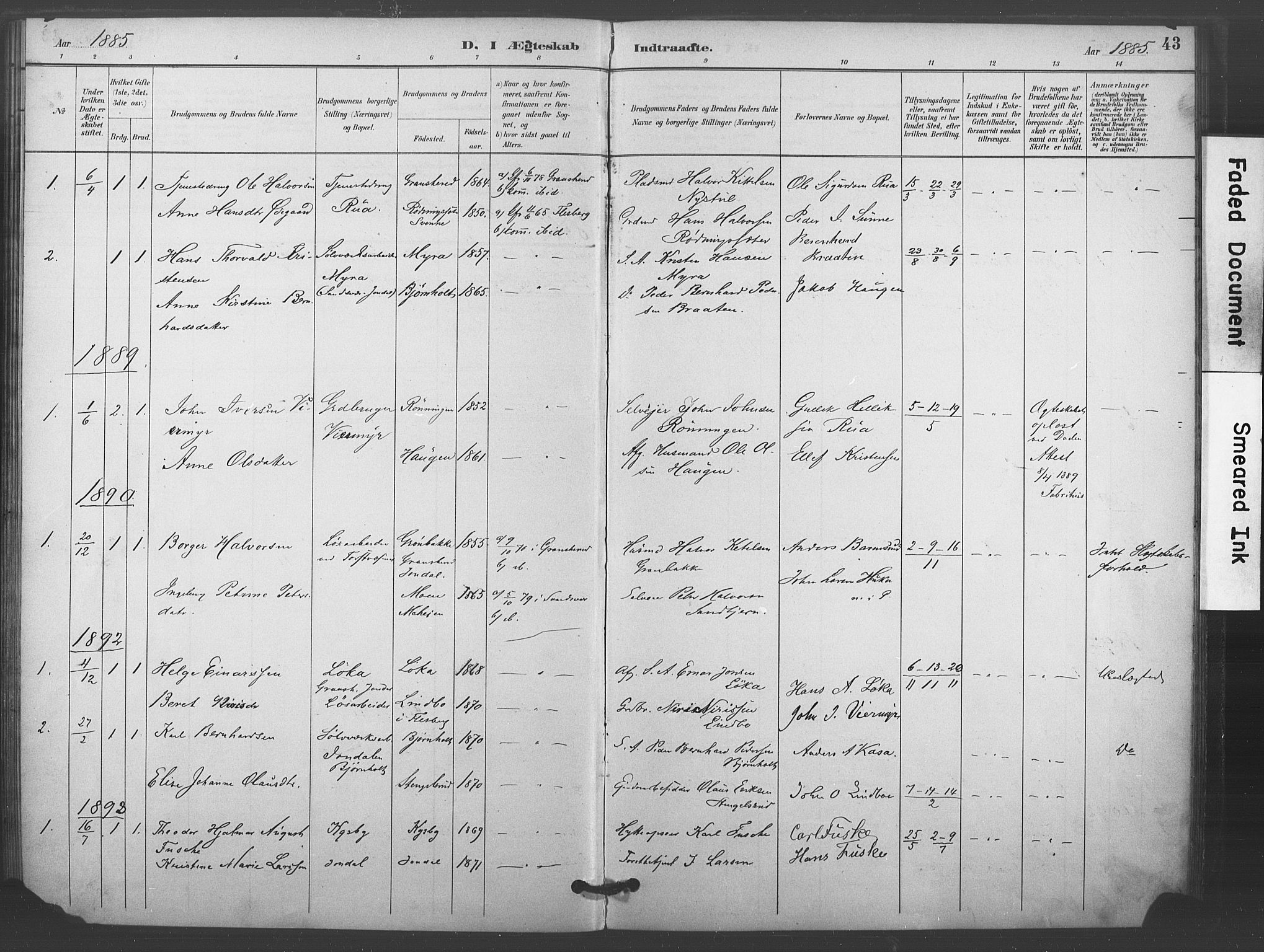 Kongsberg kirkebøker, SAKO/A-22/F/Fc/L0001: Parish register (official) no. III 1, 1883-1897, p. 43