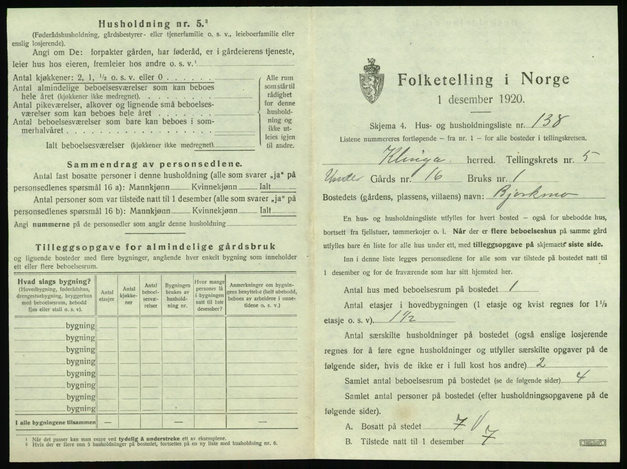 SAT, 1920 census for Klinga, 1920, p. 695