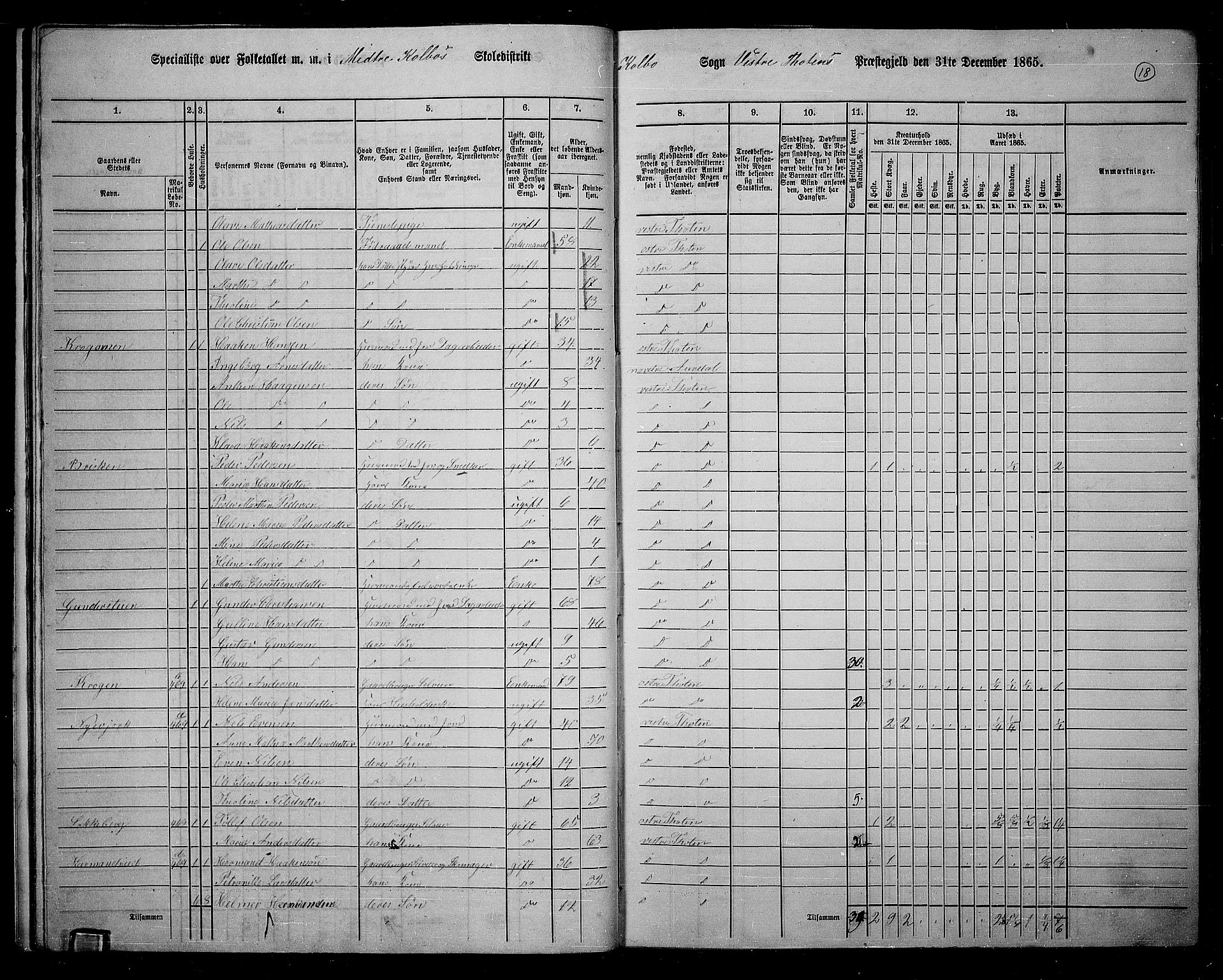 RA, 1865 census for Vestre Toten, 1865, p. 182