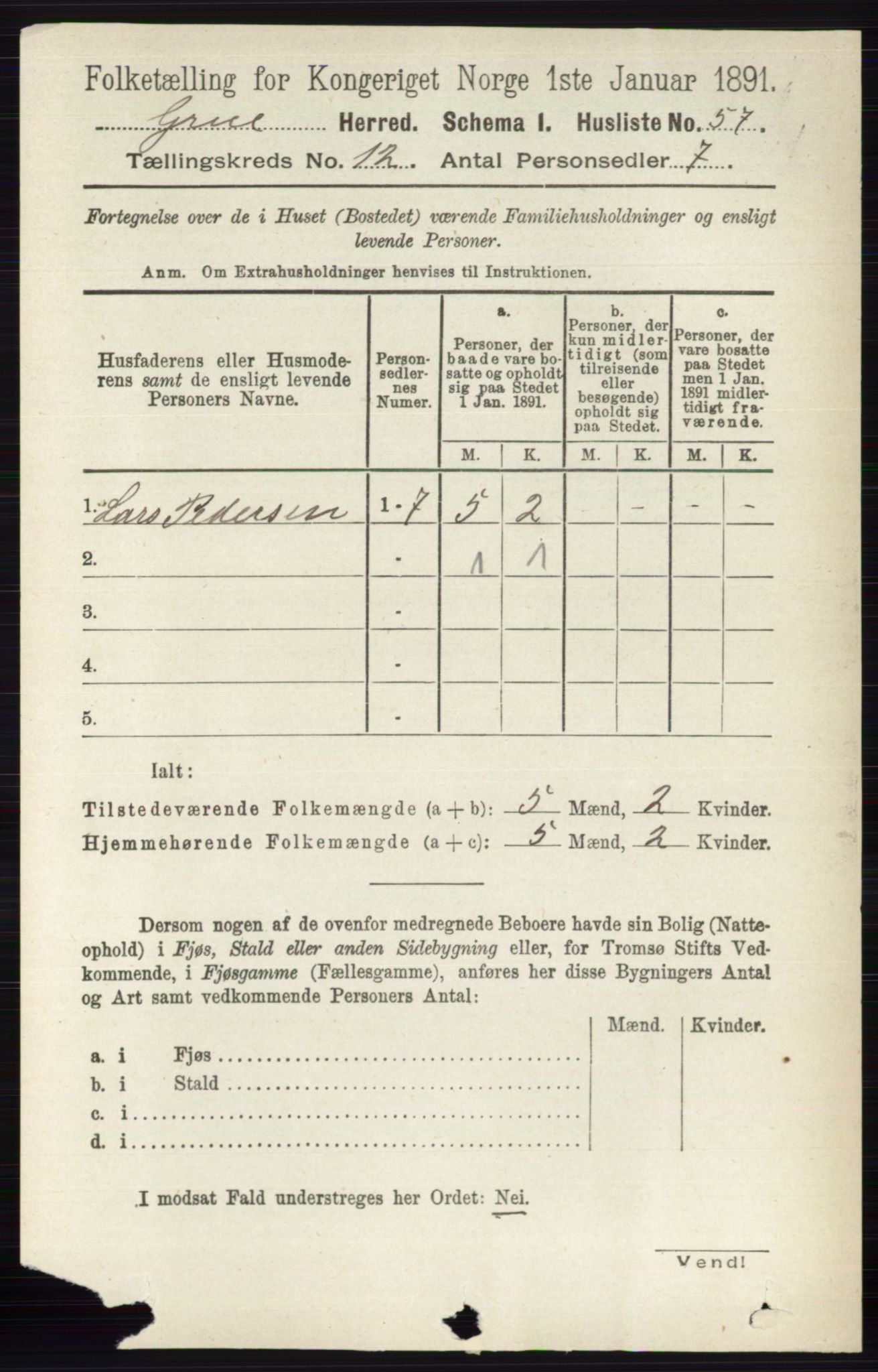 RA, 1891 census for 0423 Grue, 1891, p. 6115