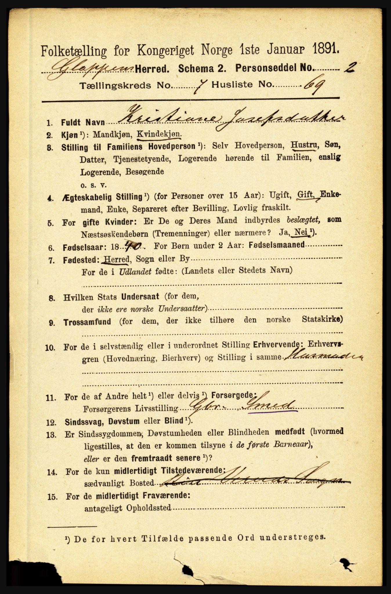 RA, 1891 census for 1445 Gloppen, 1891, p. 3076