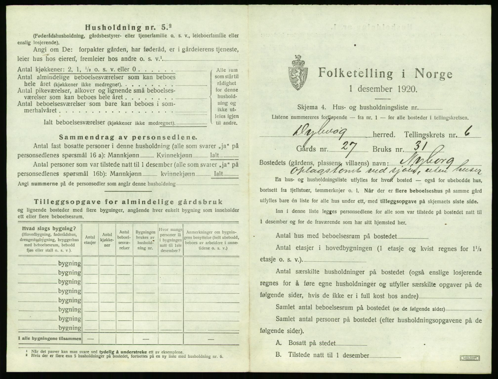 SAK, 1920 census for Dypvåg, 1920, p. 1111