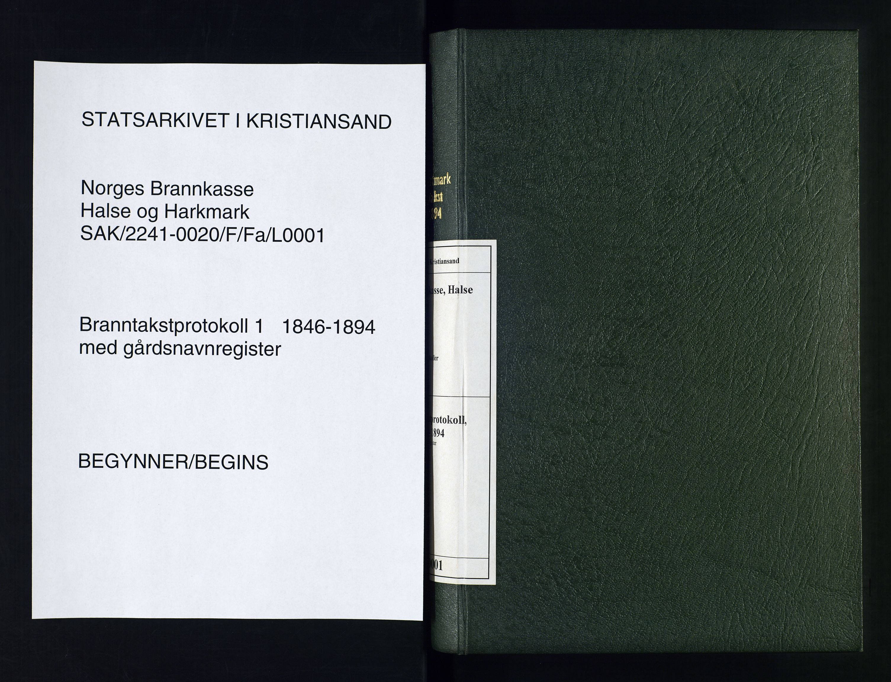 Norges Brannkasse Halse og Harkmark, AV/SAK-2241-0020/F/Fa/L0001: Branntakstprotokoll nr. 1 med gårdsnavnregister, 1846-1894