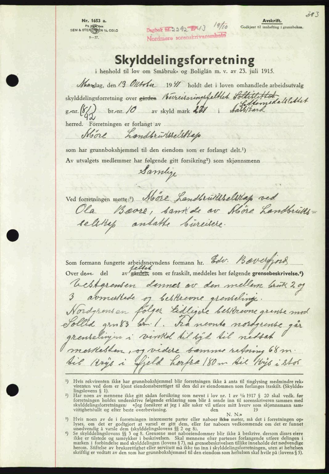 Nordmøre sorenskriveri, SAT/A-4132/1/2/2Ca: Mortgage book no. A96, 1943-1944, Diary no: : 2292/1943