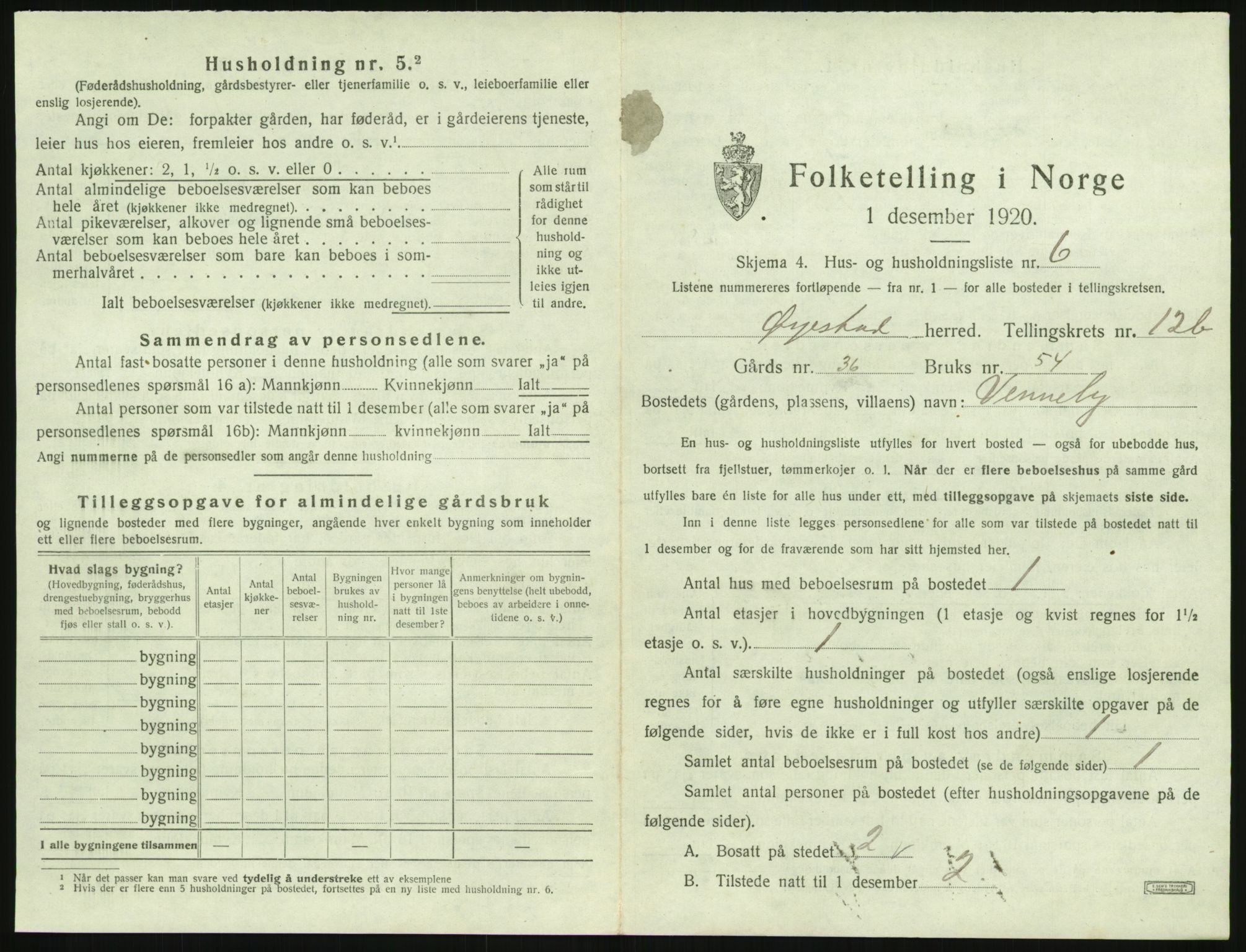 SAK, 1920 census for Øyestad, 1920, p. 1226