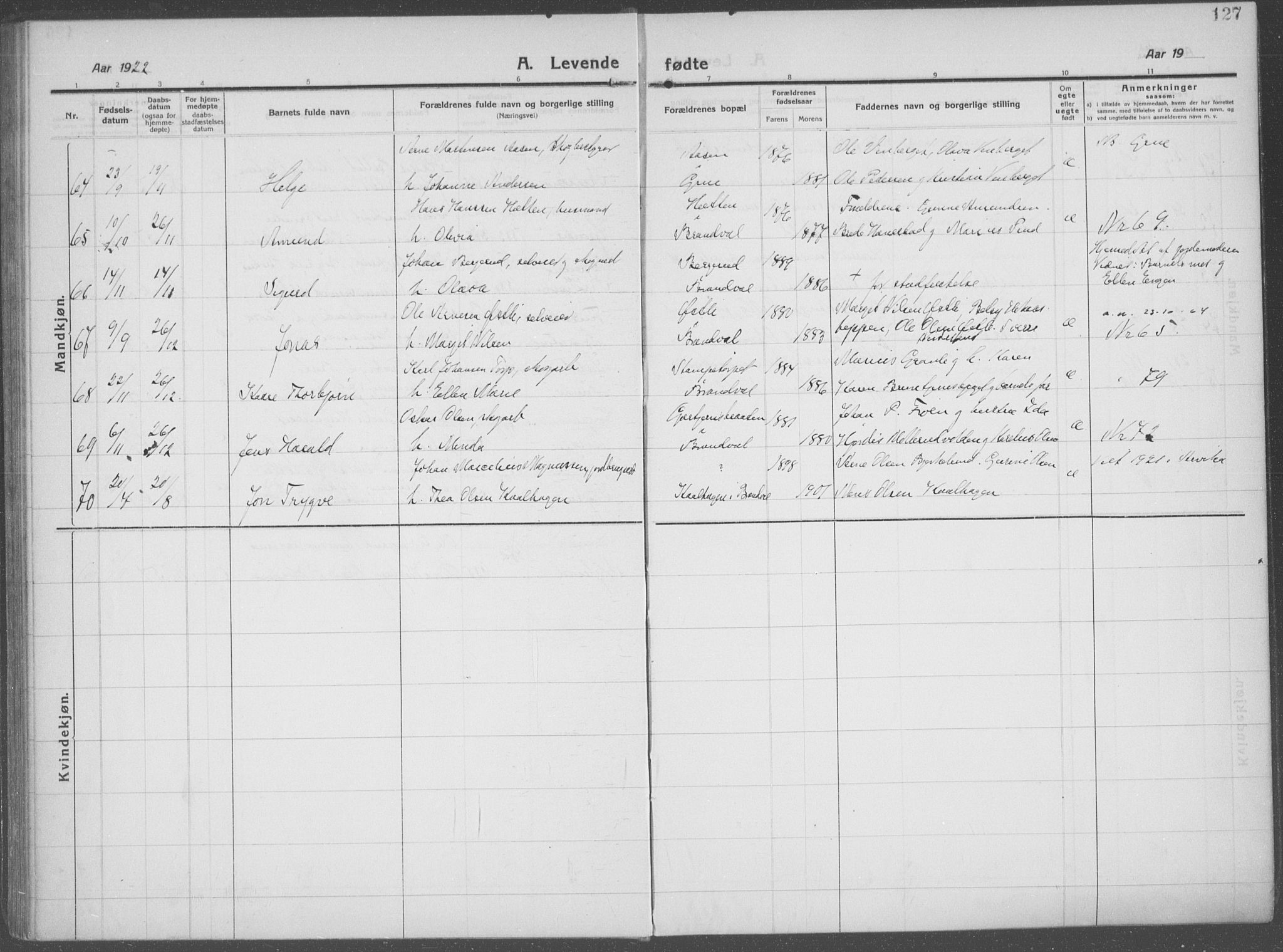 Brandval prestekontor, AV/SAH-PREST-034/H/Ha/Haa/L0004: Parish register (official) no. 4, 1910-1924, p. 127