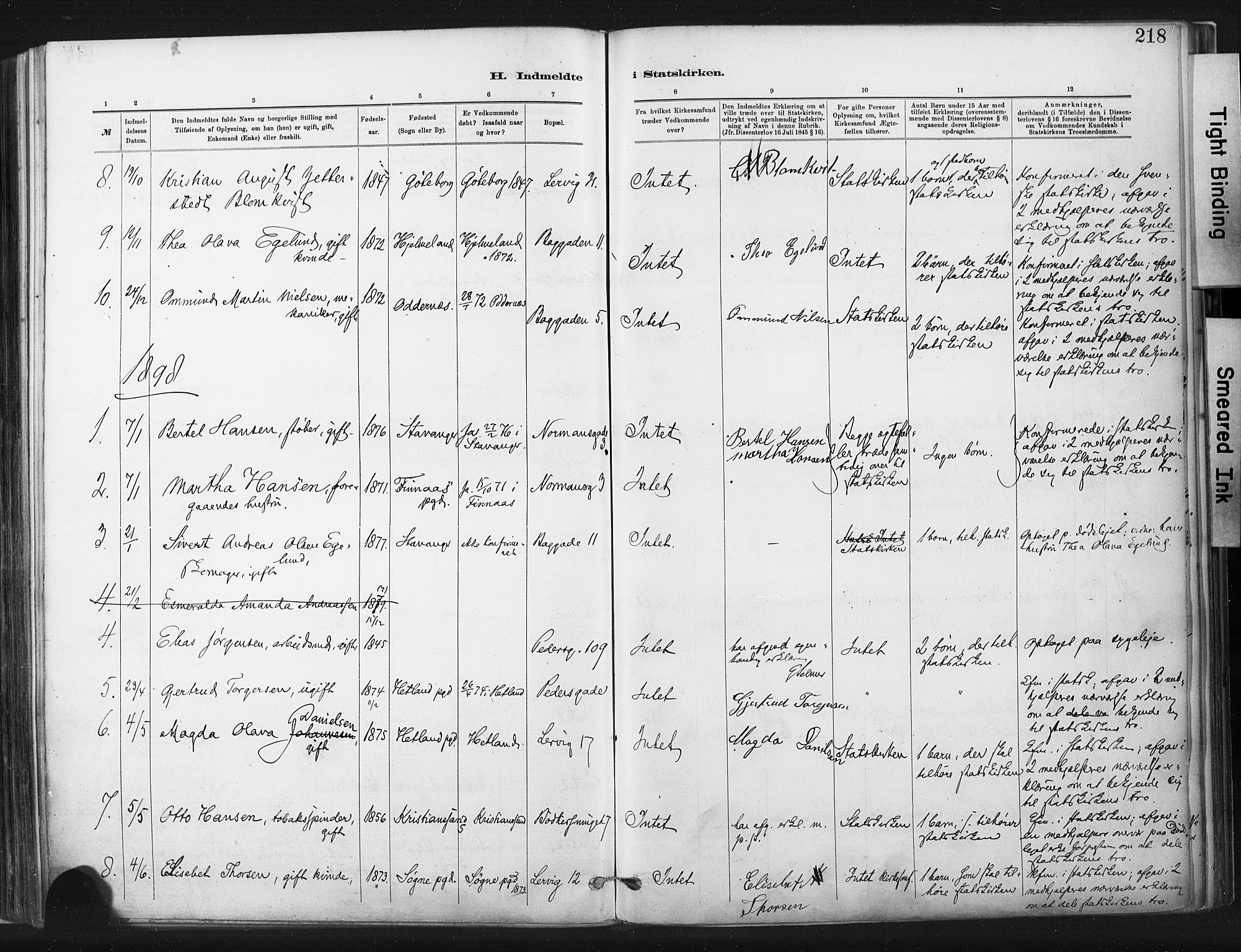 St. Johannes sokneprestkontor, SAST/A-101814/001/30/30BA/L0003: Parish register (official) no. A 3, 1885-1910, p. 218