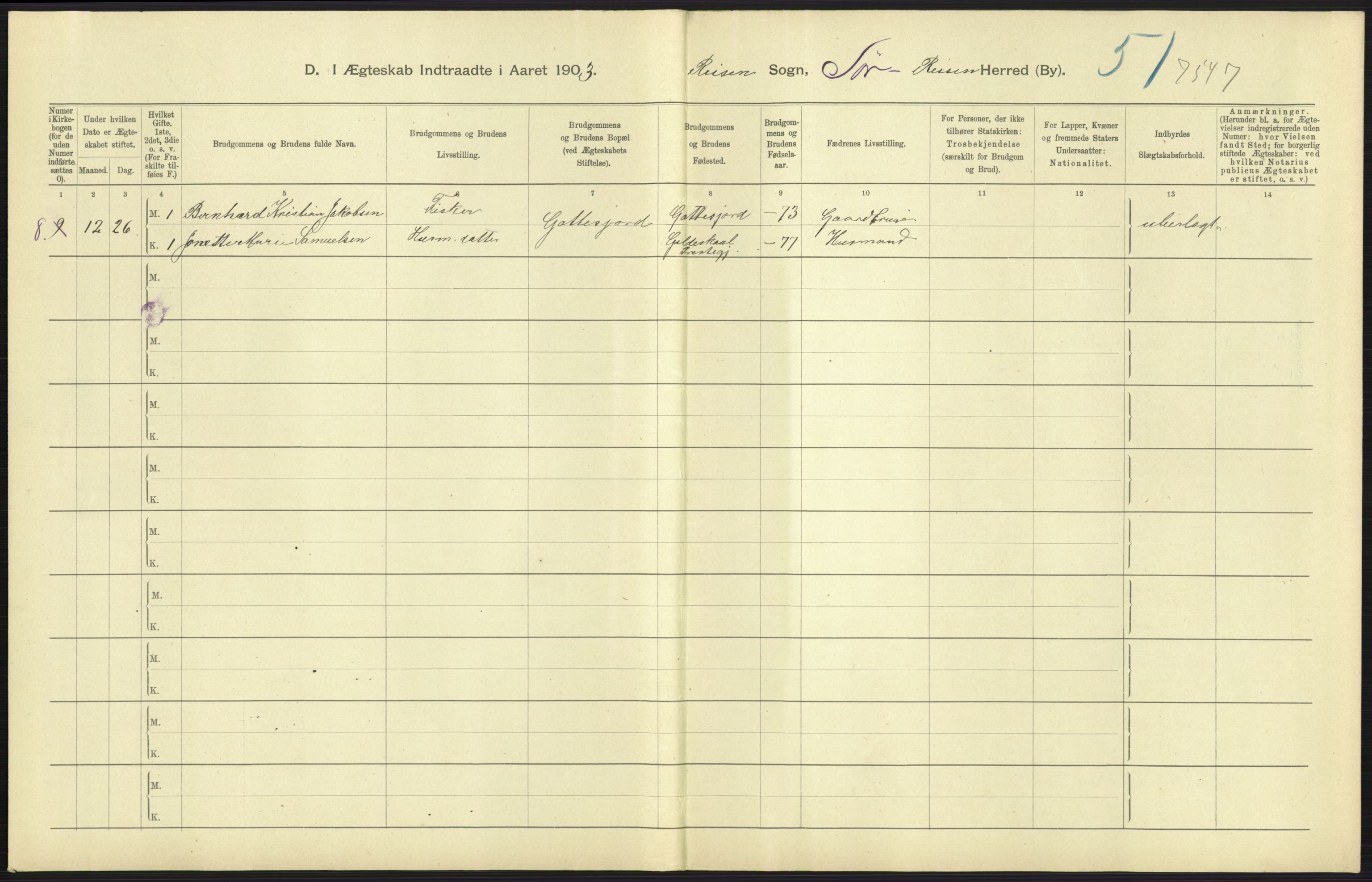 Statistisk sentralbyrå, Sosiodemografiske emner, Befolkning, AV/RA-S-2228/D/Df/Dfa/Dfaa/L0021: Tromsø amt: Fødte, gifte, døde., 1903, p. 337