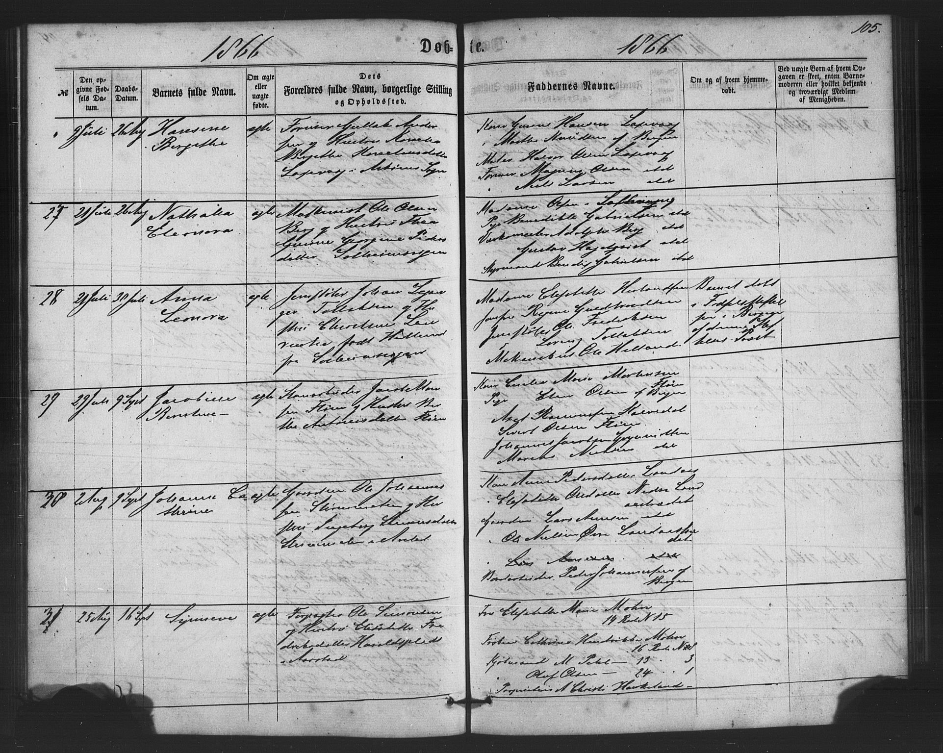 St. Jørgens hospital og Årstad sokneprestembete, AV/SAB-A-99934: Parish register (copy) no. A 3, 1863-1872, p. 105