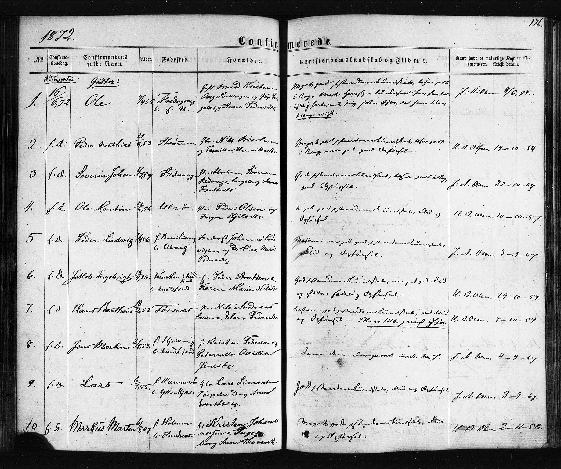 Ministerialprotokoller, klokkerbøker og fødselsregistre - Nordland, SAT/A-1459/861/L0867: Parish register (official) no. 861A02, 1864-1878, p. 176