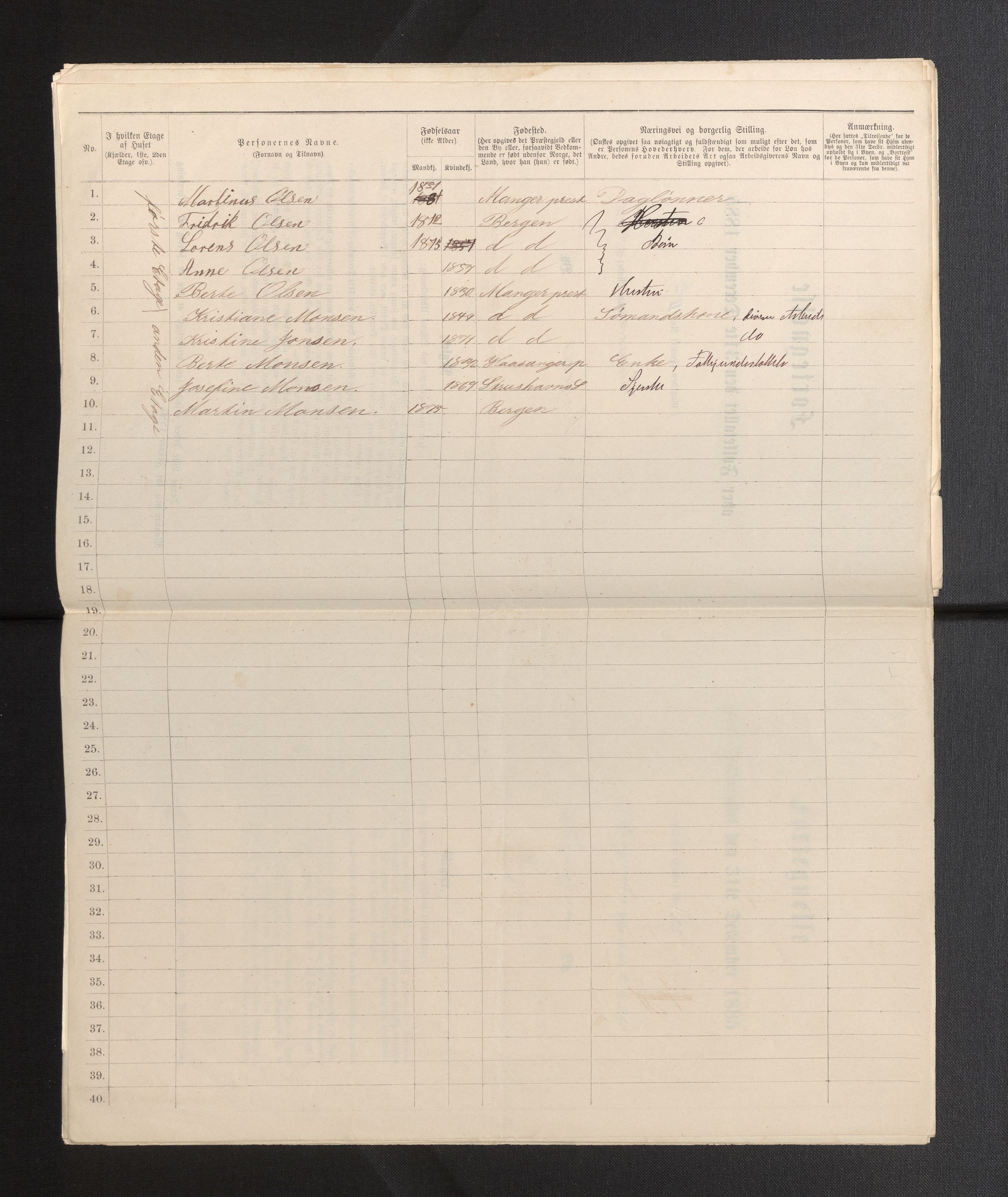 SAB, 1885 census for 1301 Bergen, 1885, p. 1030