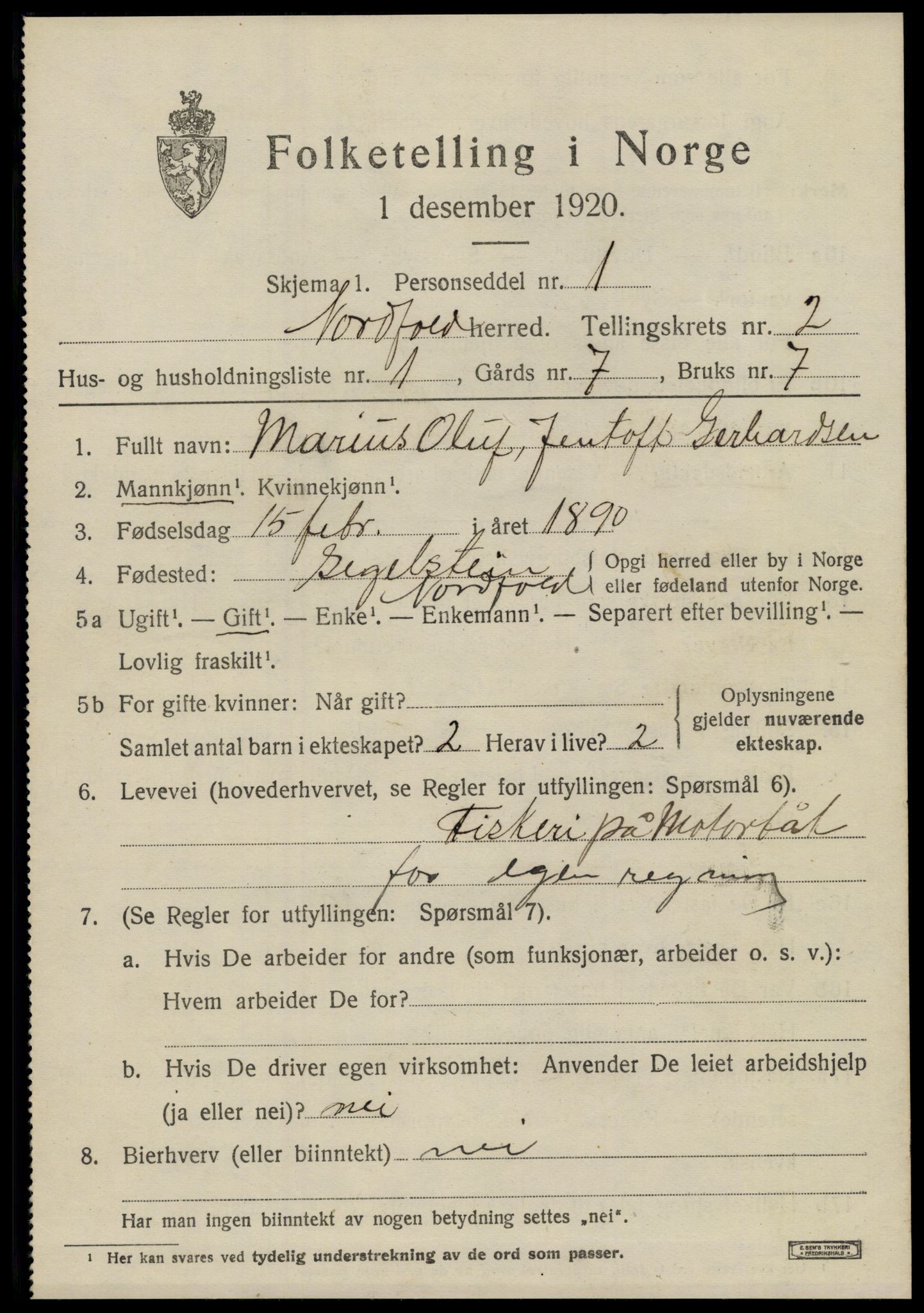 SAT, 1920 census for Nordfold, 1920, p. 1087