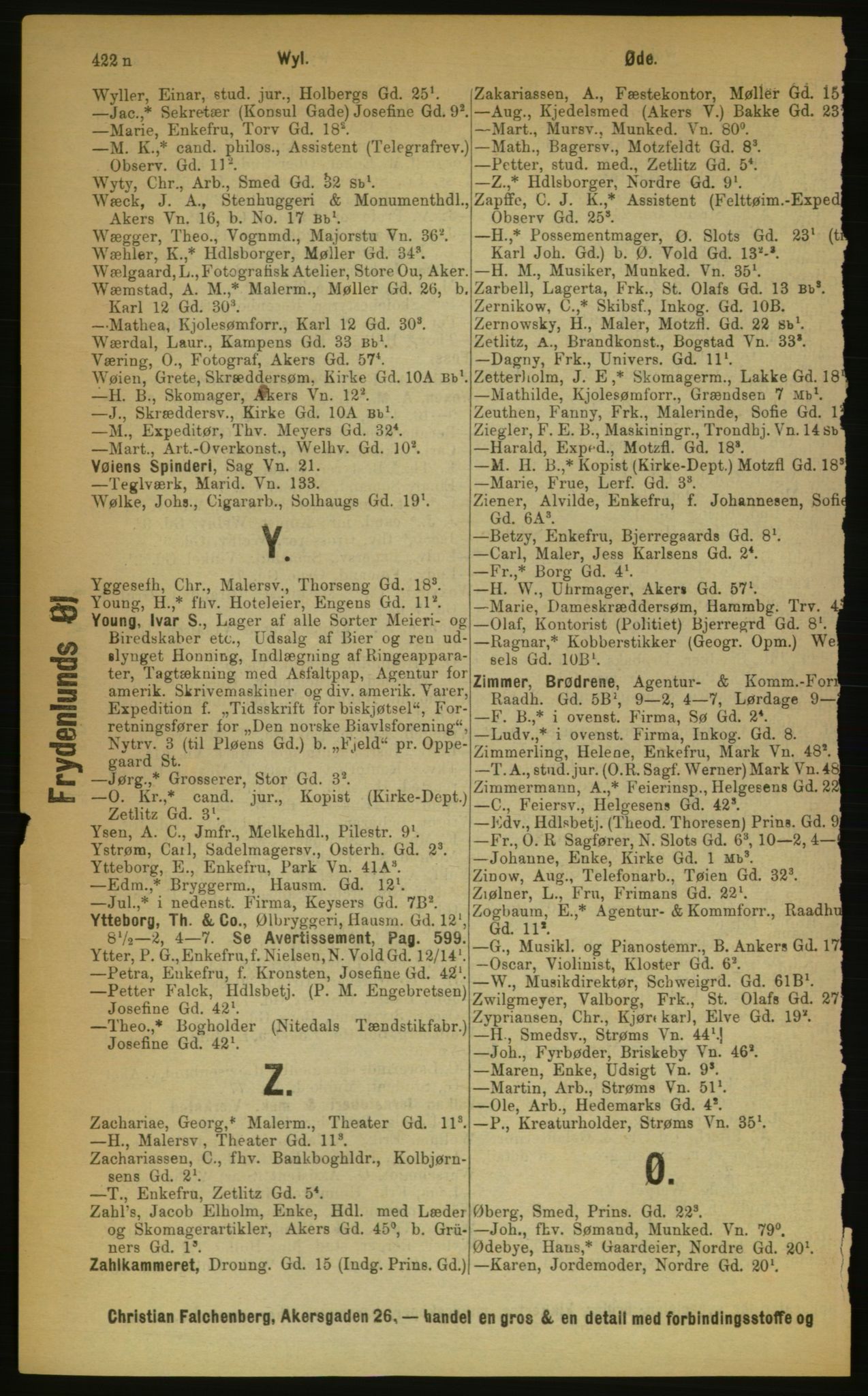 Kristiania/Oslo adressebok, PUBL/-, 1889, p. 422n