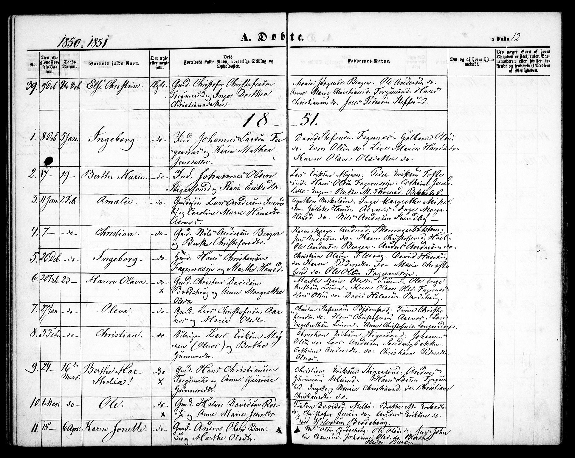 Hurdal prestekontor Kirkebøker, SAO/A-10889/F/Fb/L0001: Parish register (official) no. II 1, 1846-1859, p. 12