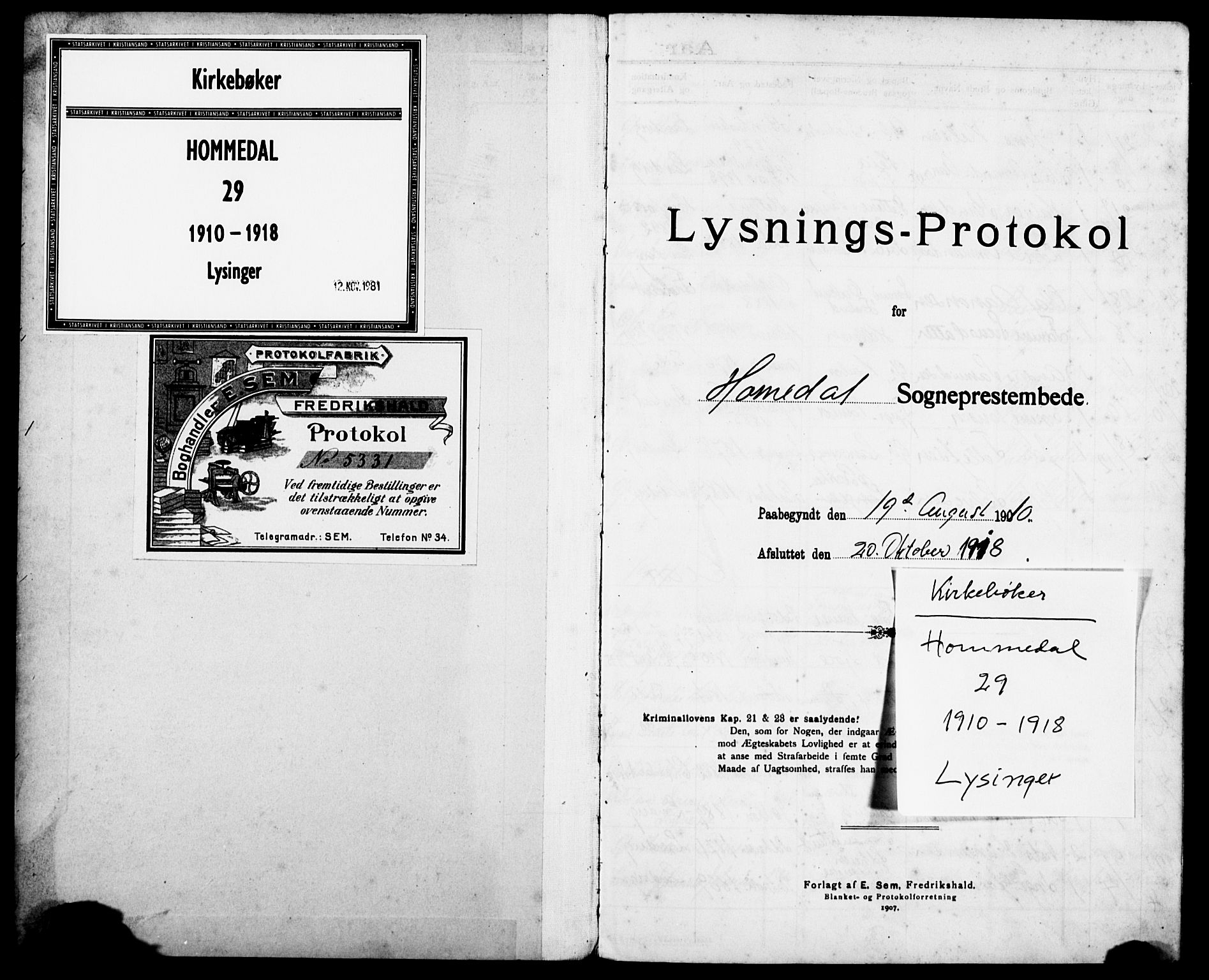 Hommedal sokneprestkontor, SAK/1111-0023/J/Je/L0001: Banns register no. AV I 28, 1910-1918