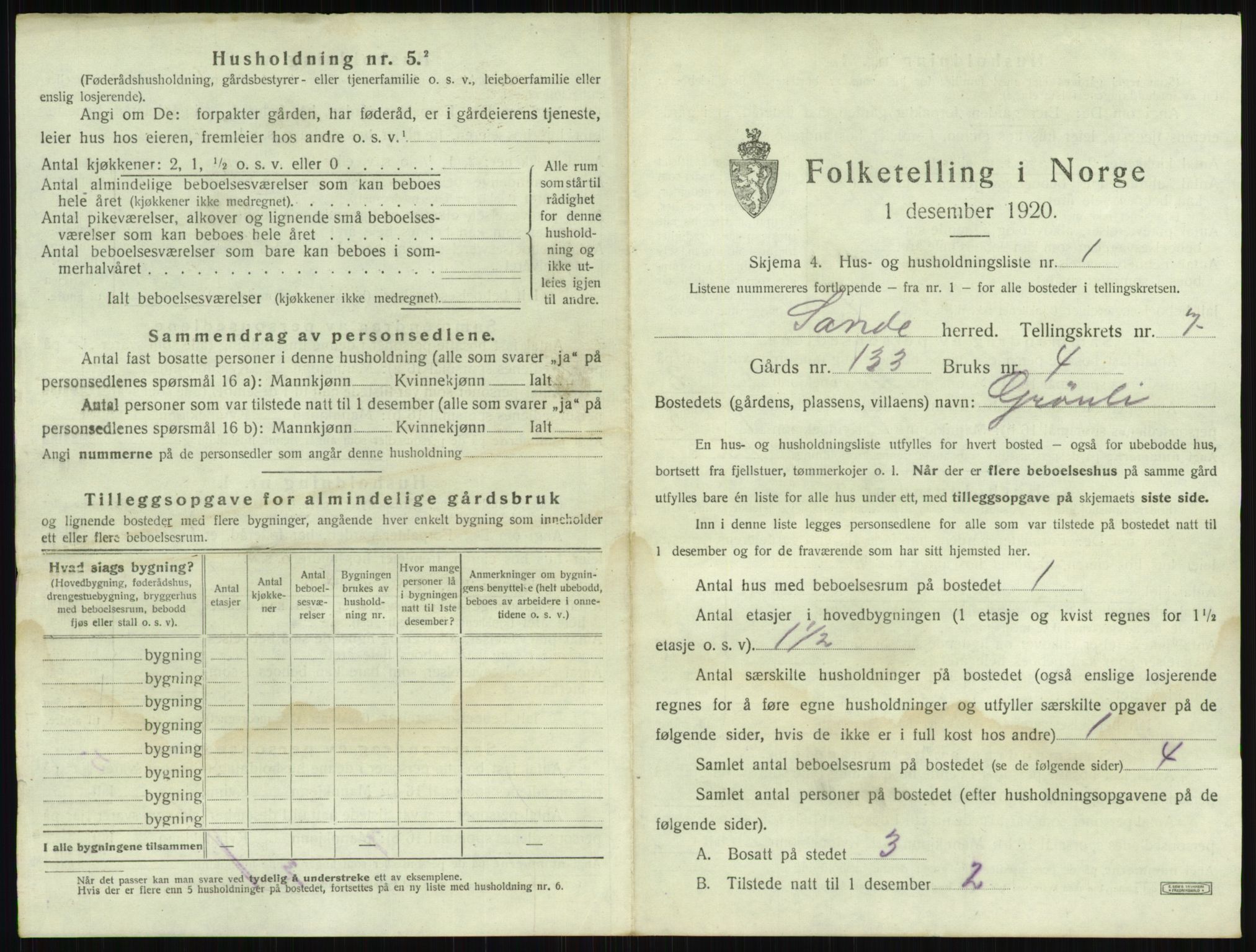 SAKO, 1920 census for Sande, 1920, p. 1213