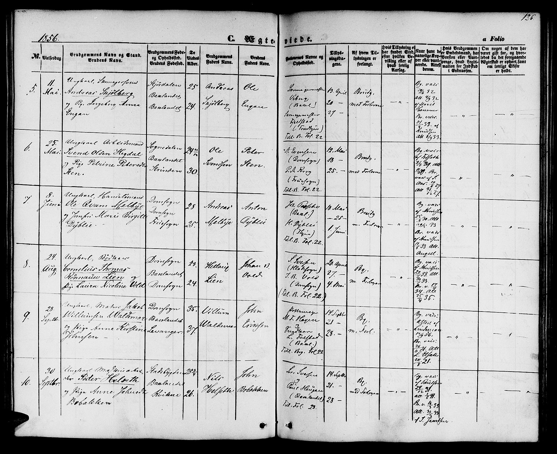 Ministerialprotokoller, klokkerbøker og fødselsregistre - Sør-Trøndelag, SAT/A-1456/604/L0184: Parish register (official) no. 604A05, 1851-1860, p. 126