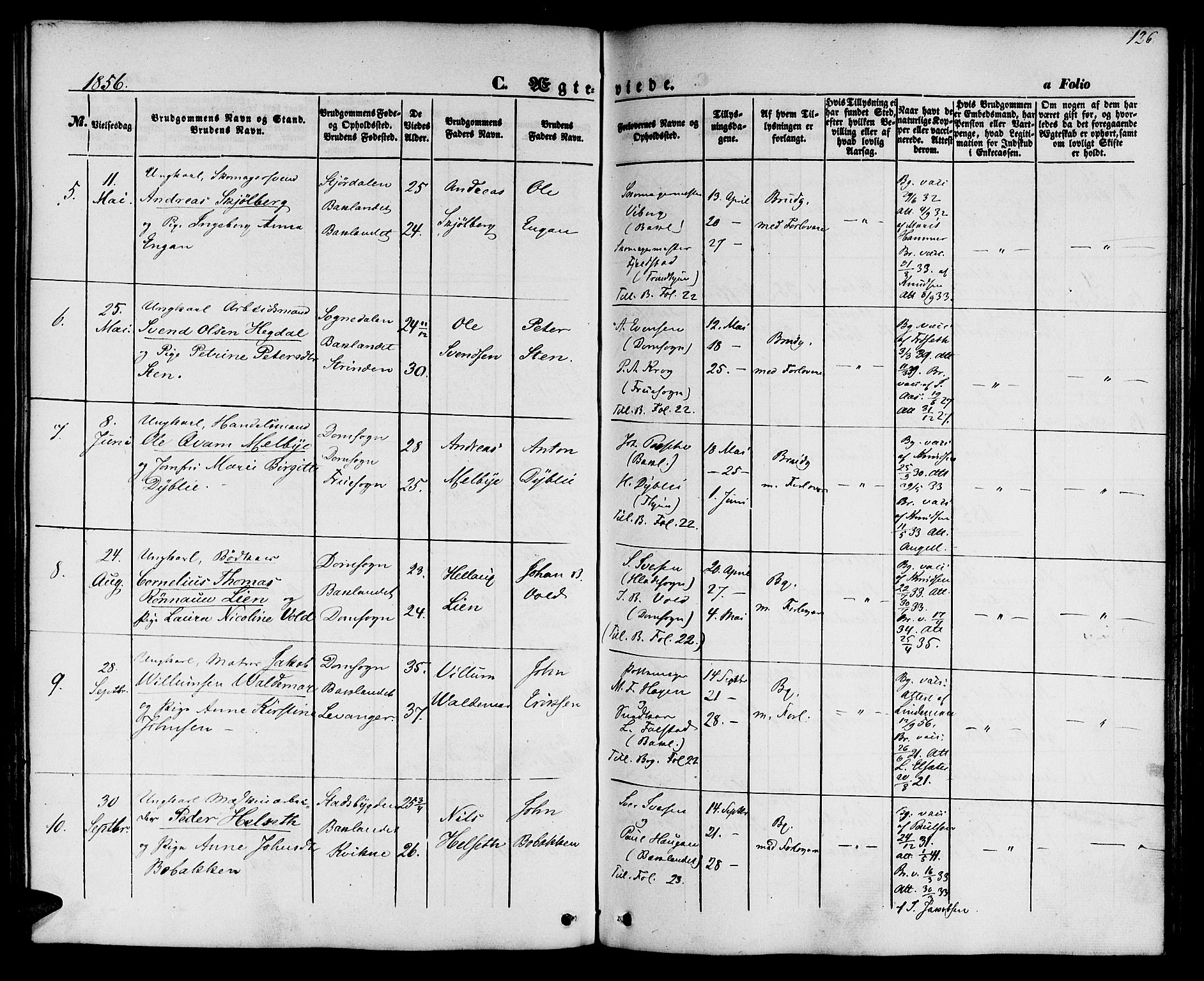 Ministerialprotokoller, klokkerbøker og fødselsregistre - Sør-Trøndelag, AV/SAT-A-1456/604/L0184: Parish register (official) no. 604A05, 1851-1860, p. 126