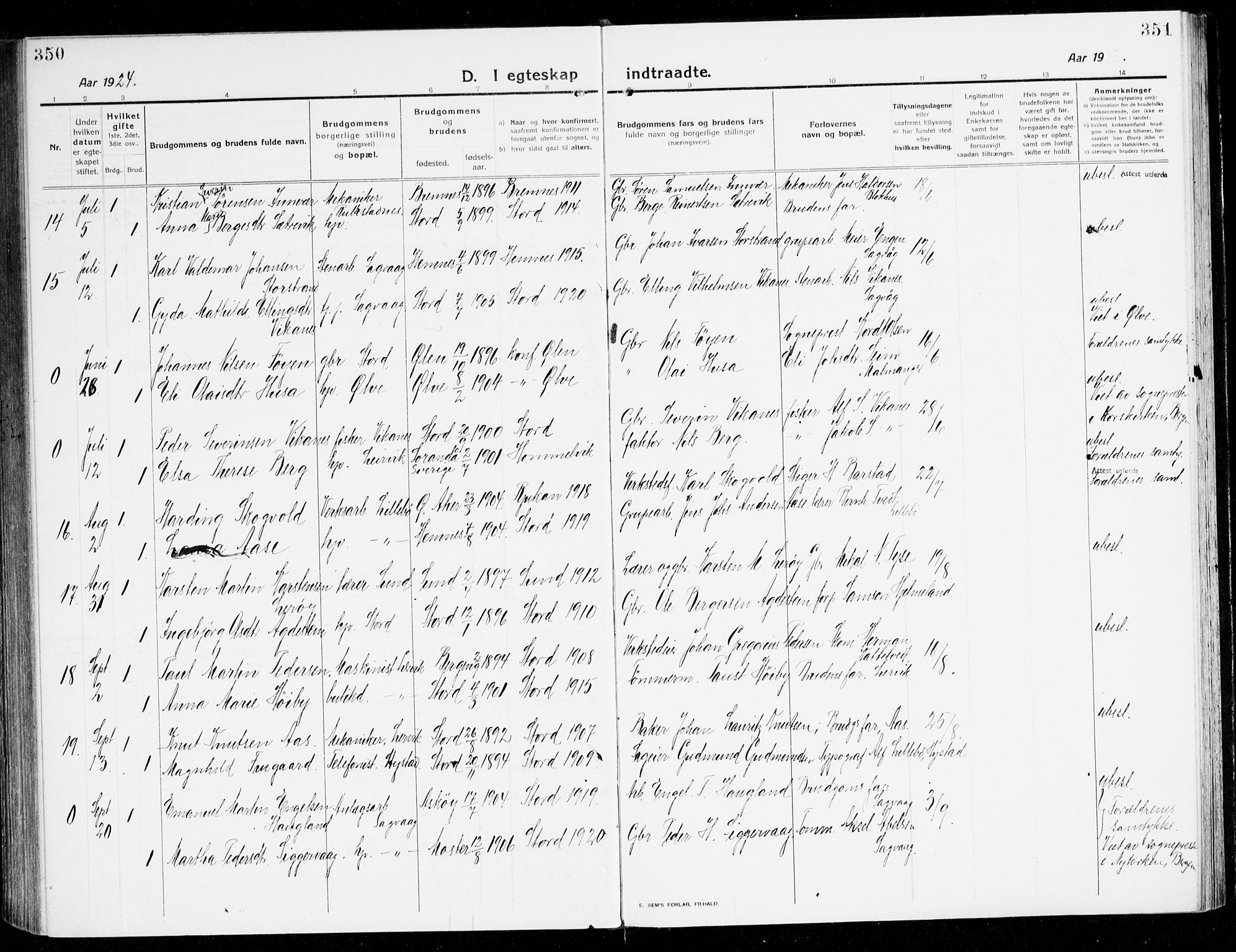 Stord sokneprestembete, AV/SAB-A-78201/H/Haa: Parish register (official) no. B 3, 1913-1925, p. 350-351