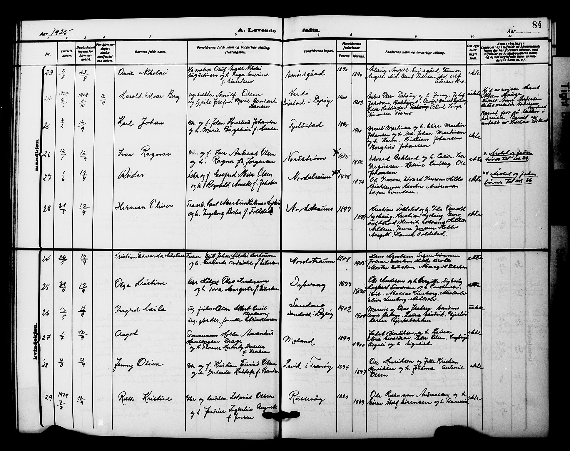 Tranøy sokneprestkontor, AV/SATØ-S-1313/I/Ia/Iab/L0023klokker: Parish register (copy) no. 23, 1913-1928, p. 84