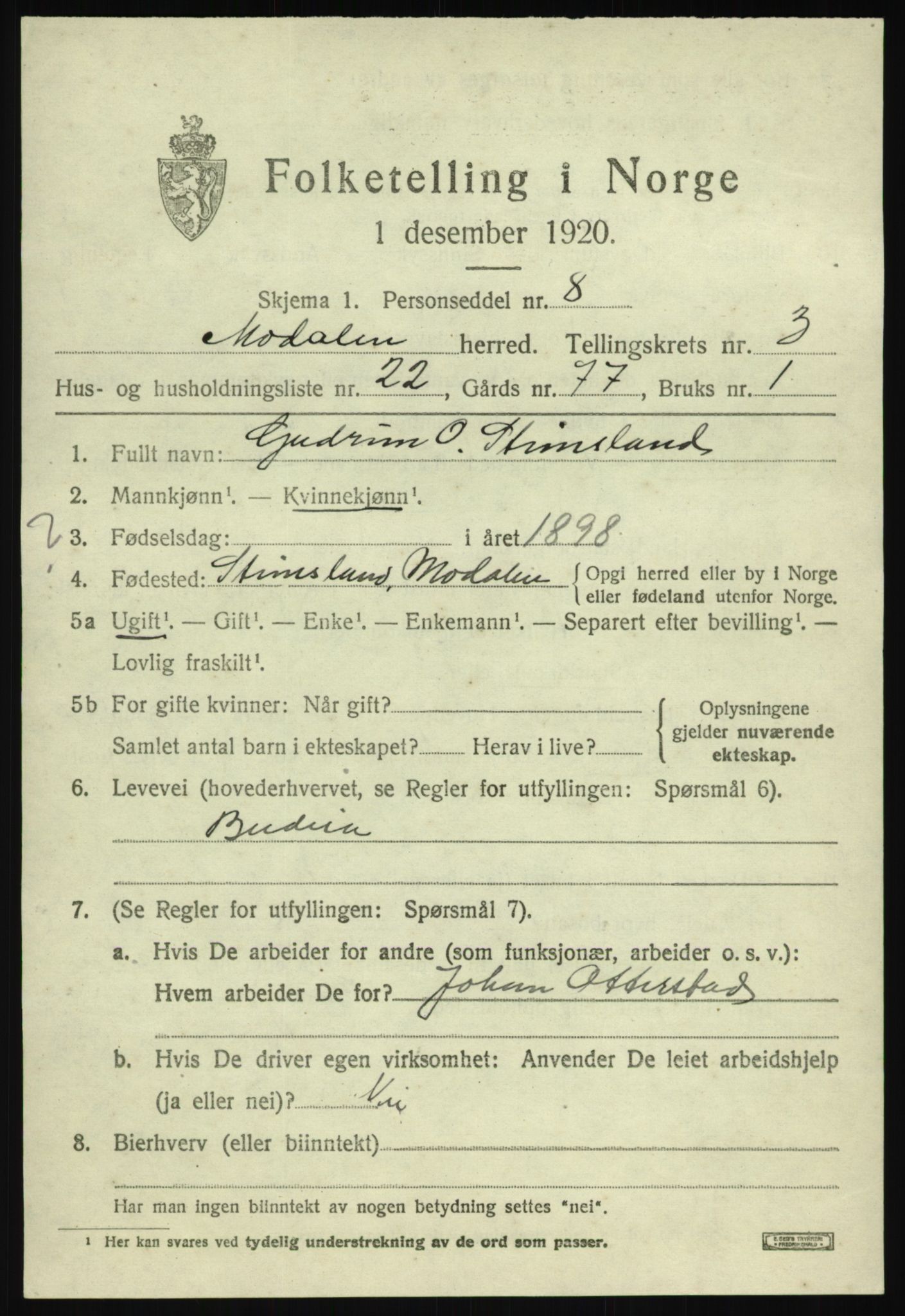 SAB, 1920 census for Modalen, 1920, p. 798