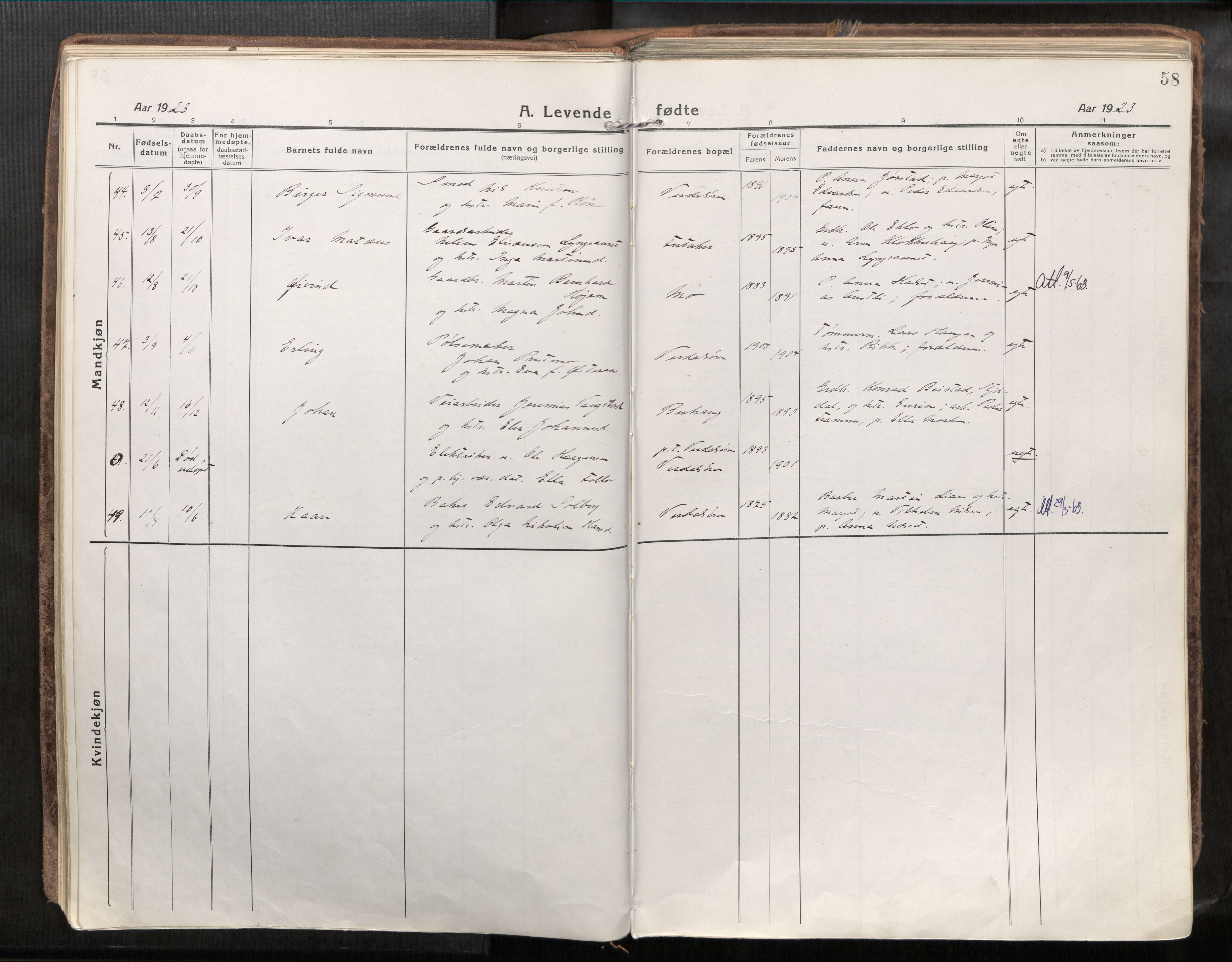 Verdal sokneprestkontor, SAT/A-1156/2/H/Haa/L0001: Parish register (official) no. 1, 1917-1932, p. 58