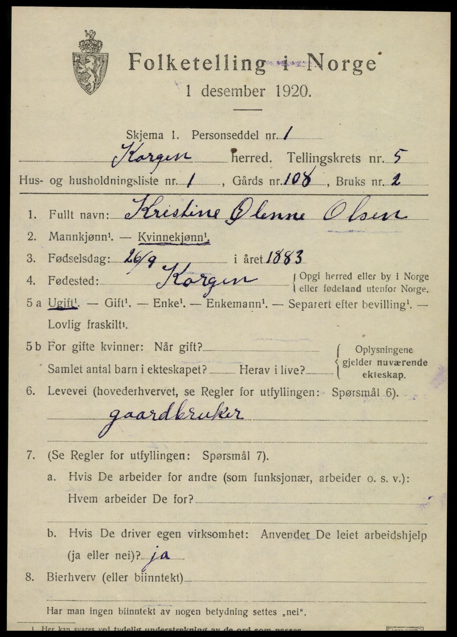 SAT, 1920 census for Korgen, 1920, p. 2080