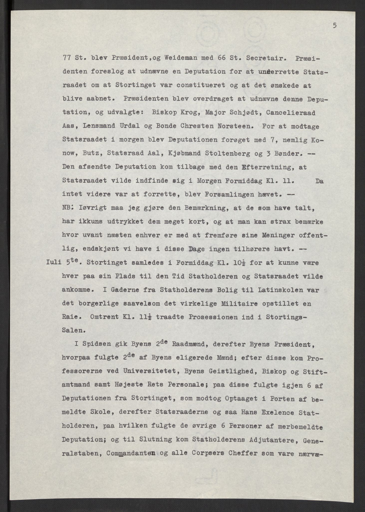 Manuskriptsamlingen, AV/RA-EA-3667/F/L0197: Wetlesen, Hans Jørgen (stortingsmann, ingeniørkaptein); Referat fra Stortinget 1815-1816, 1815-1816, p. 5