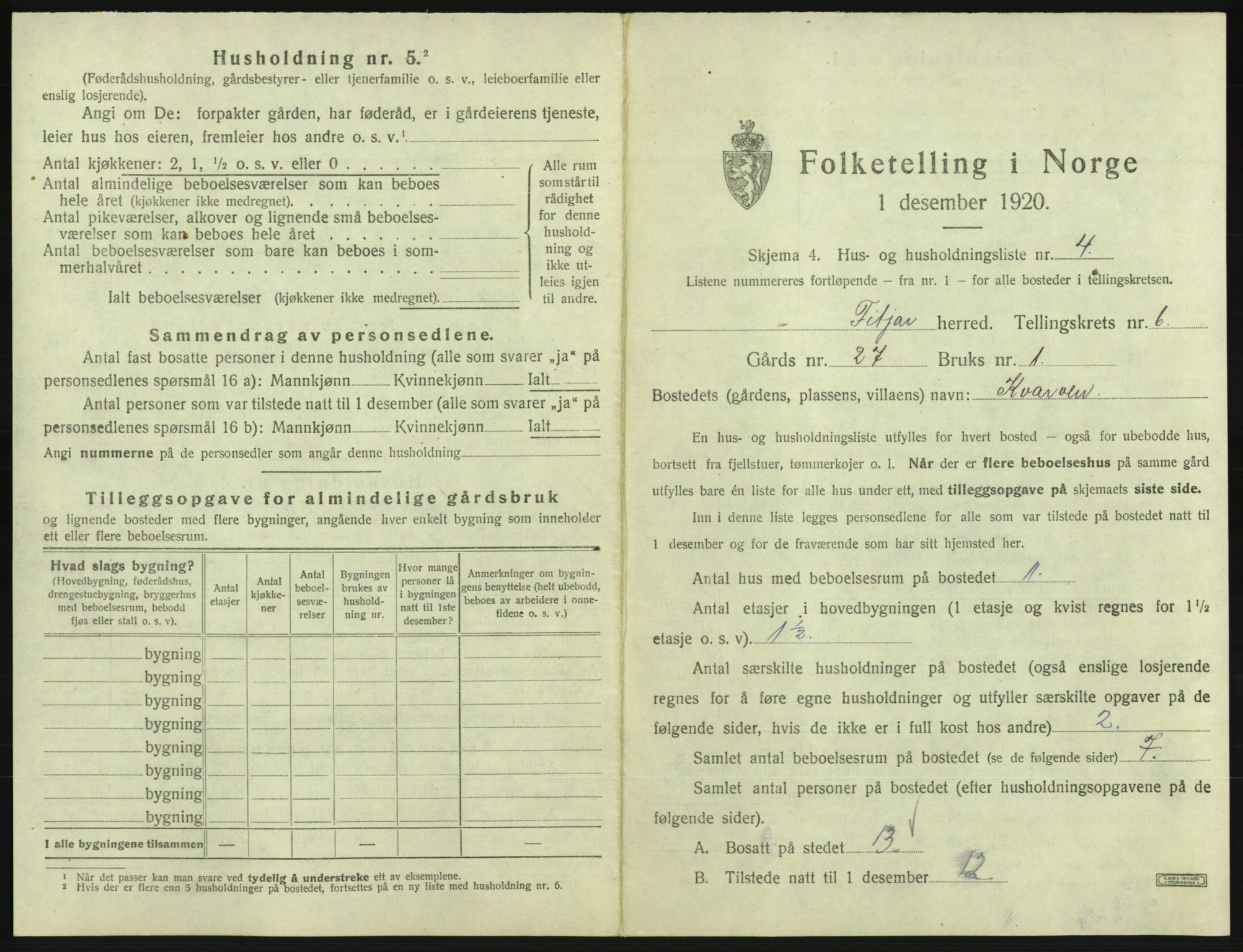 SAB, 1920 census for Fitjar, 1920, p. 361