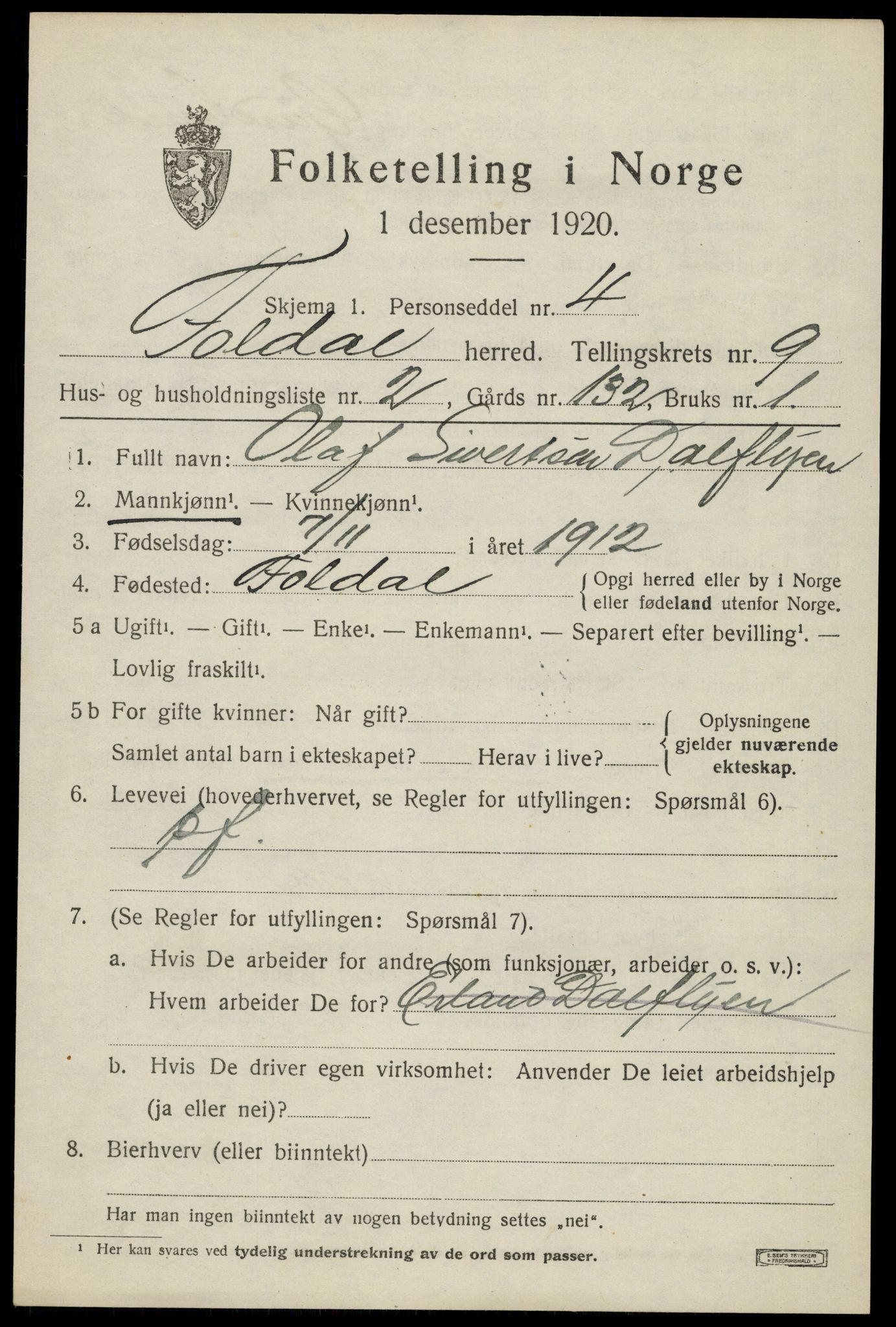 SAH, 1920 census for Folldal, 1920, p. 4589