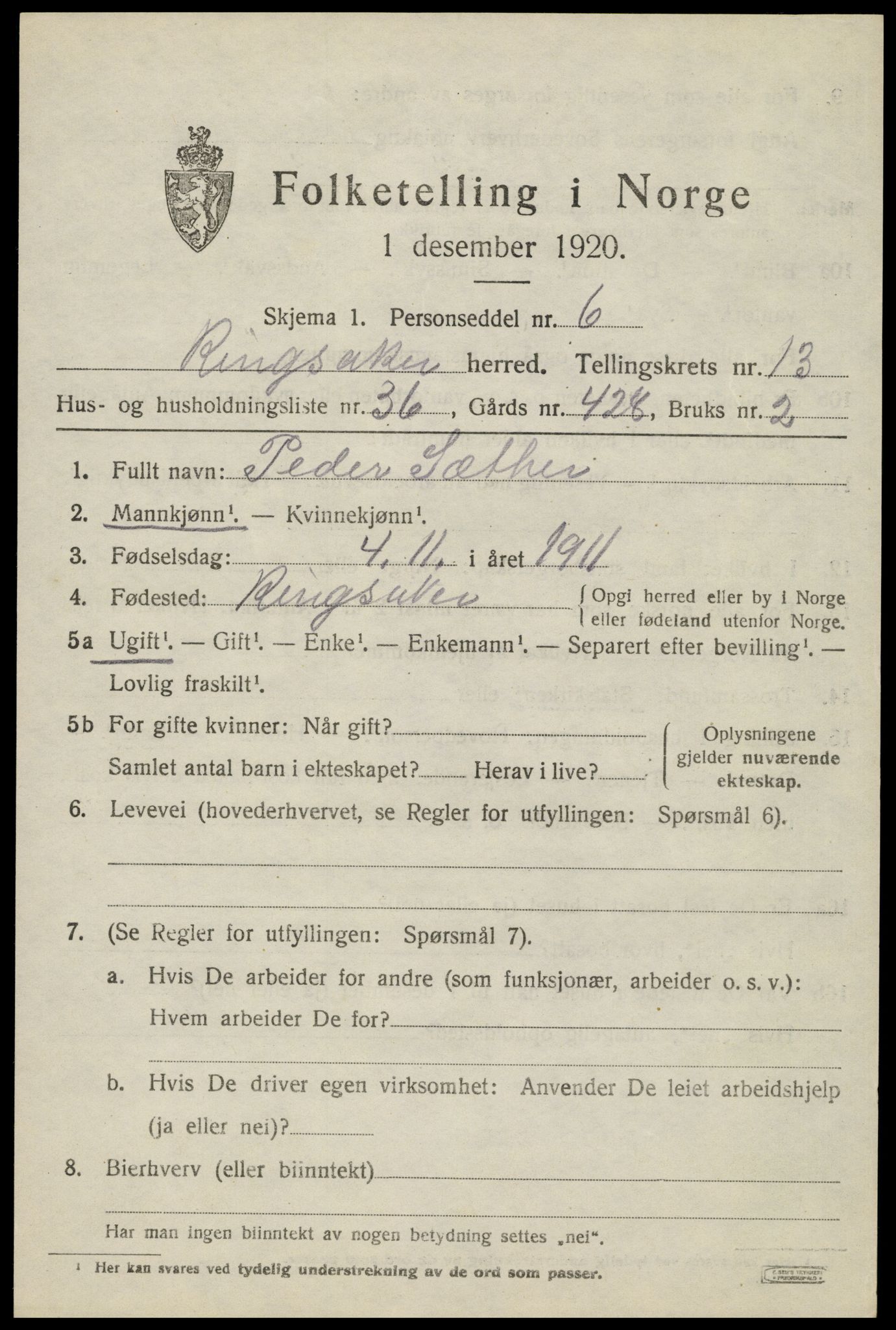 SAH, 1920 census for Ringsaker, 1920, p. 21130