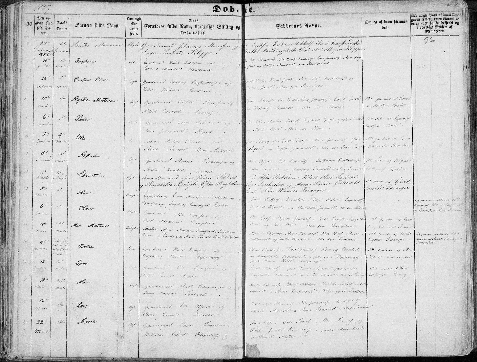 Sund sokneprestembete, AV/SAB-A-99930: Parish register (official) no. A 14, 1850-1866, p. 56