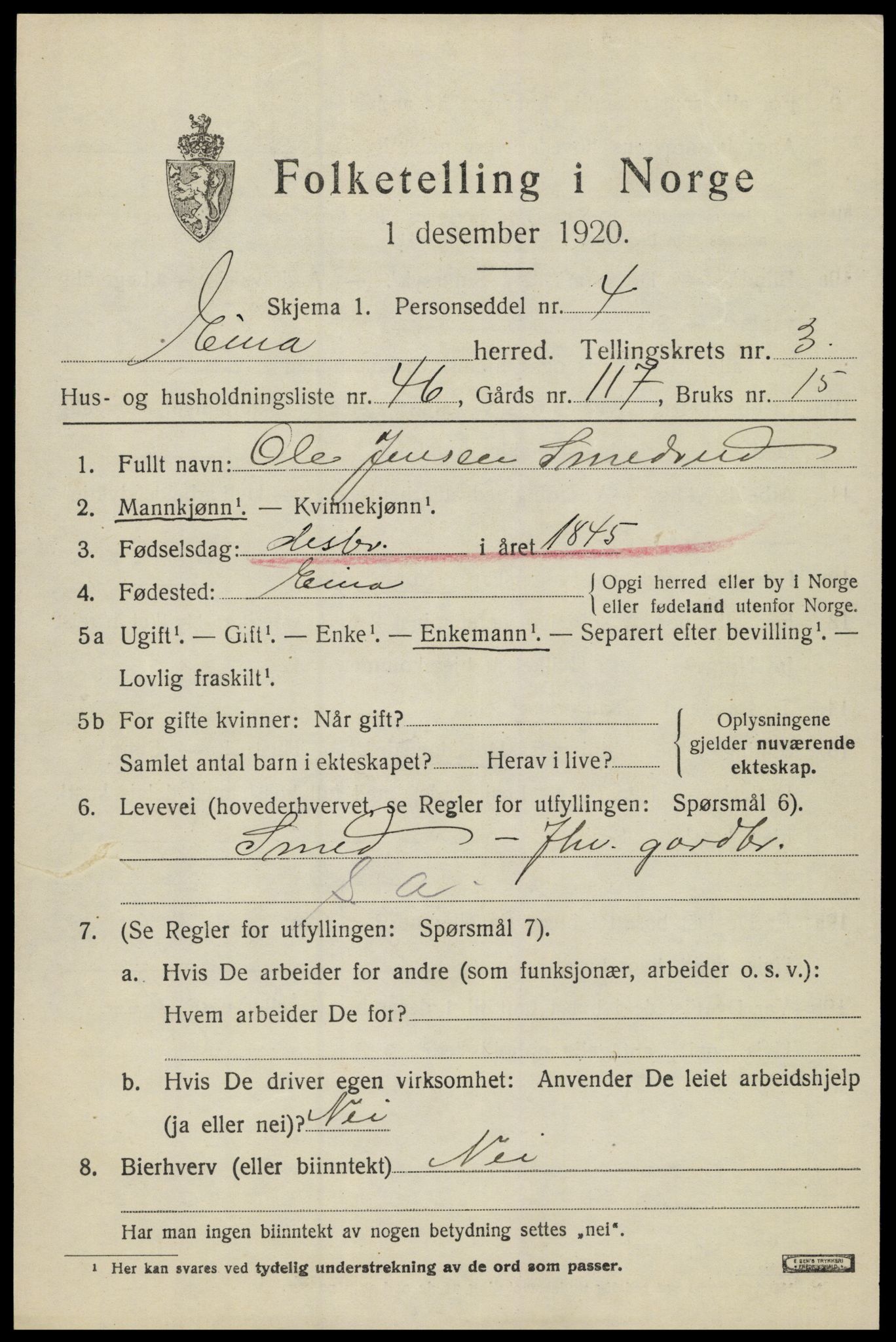 SAH, 1920 census for Eina, 1920, p. 2740