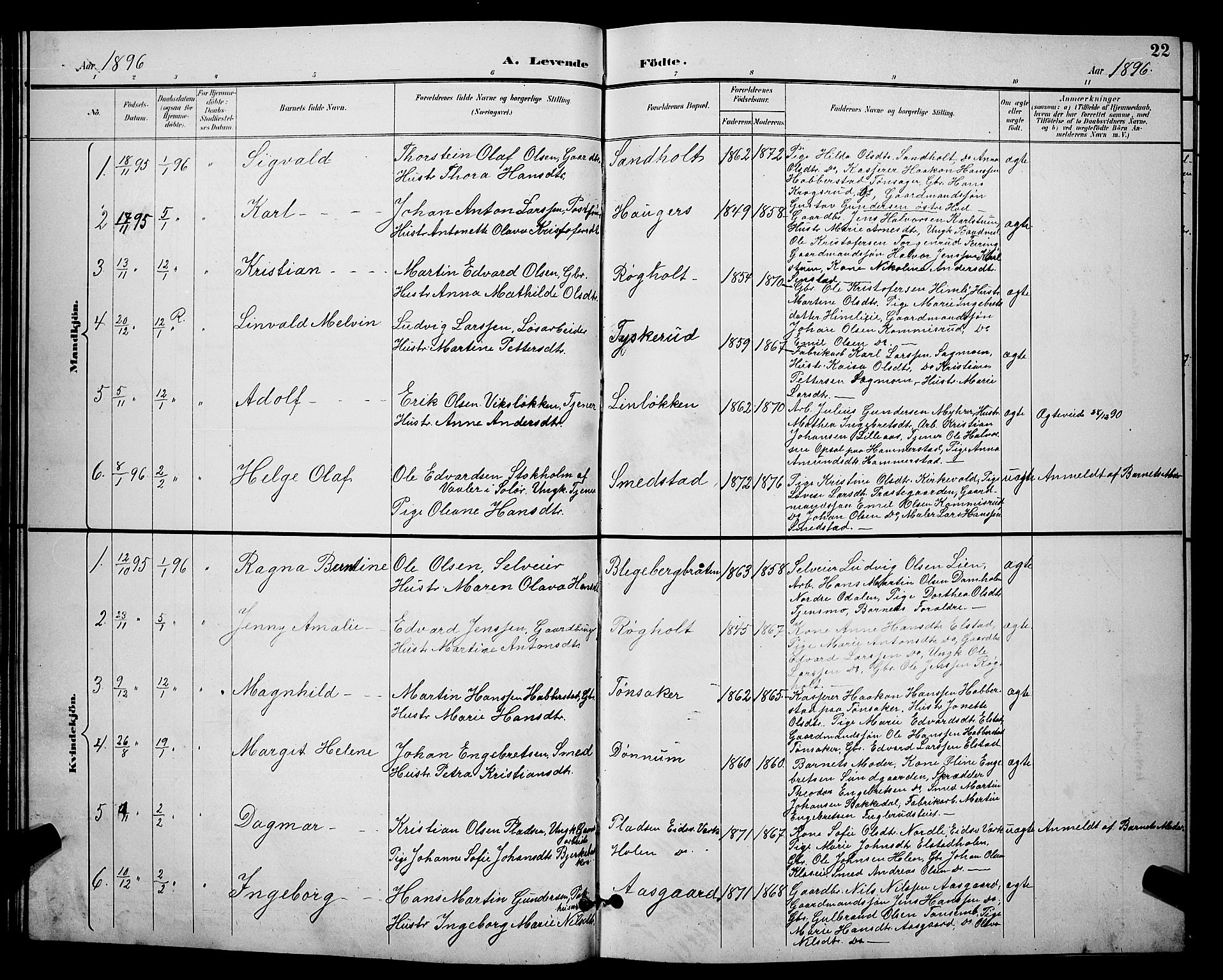Eidsvoll prestekontor Kirkebøker, SAO/A-10888/G/Ga/L0006: Parish register (copy) no. I 6, 1895-1901, p. 22