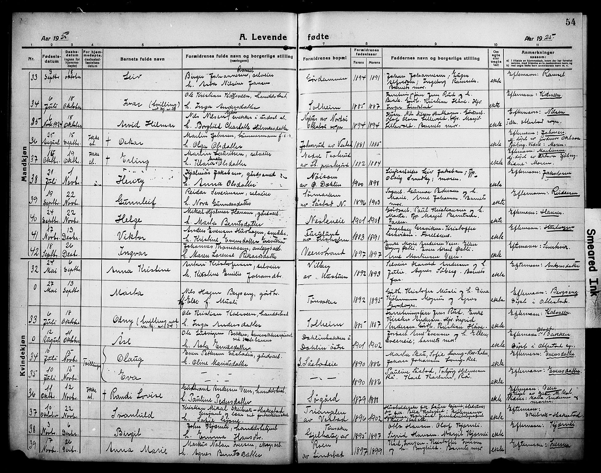 Stange prestekontor, AV/SAH-PREST-002/L/L0016: Parish register (copy) no. 16, 1918-1928, p. 54