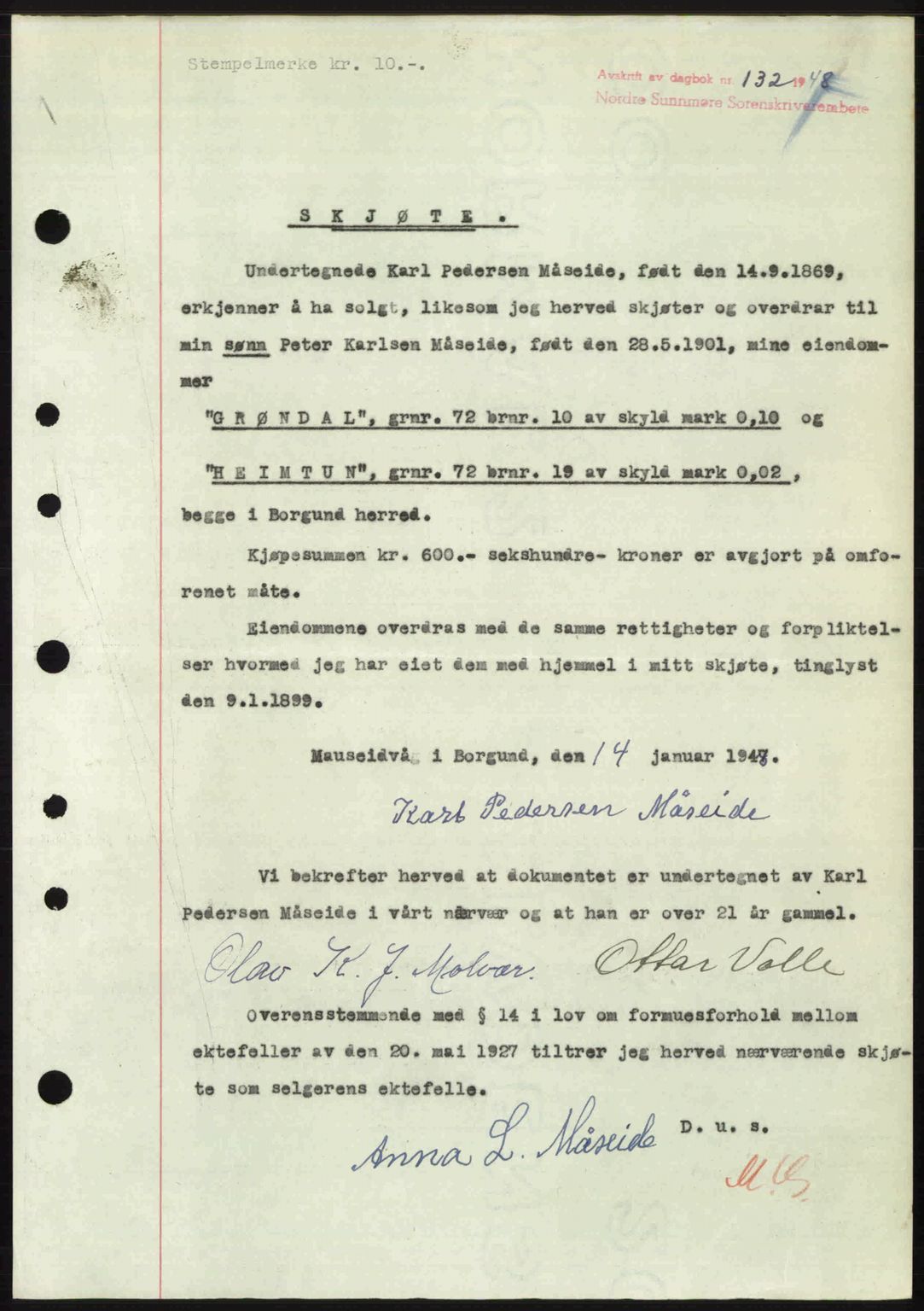 Nordre Sunnmøre sorenskriveri, AV/SAT-A-0006/1/2/2C/2Ca: Mortgage book no. A26, 1947-1948, Diary no: : 132/1948