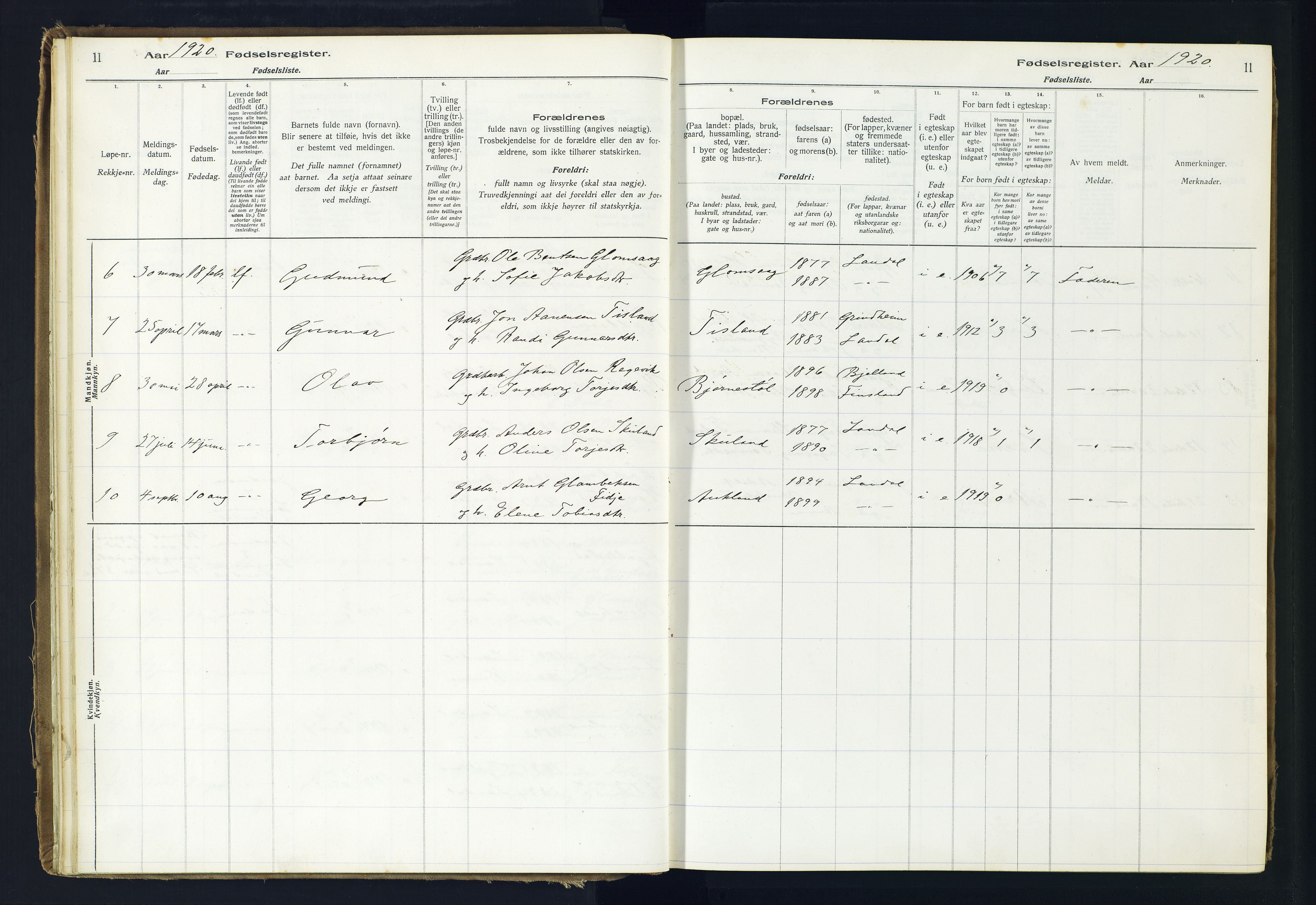 Holum sokneprestkontor, AV/SAK-1111-0022/J/Ja/L0001: Birth register no. II.6.10, 1916-1982, p. 11