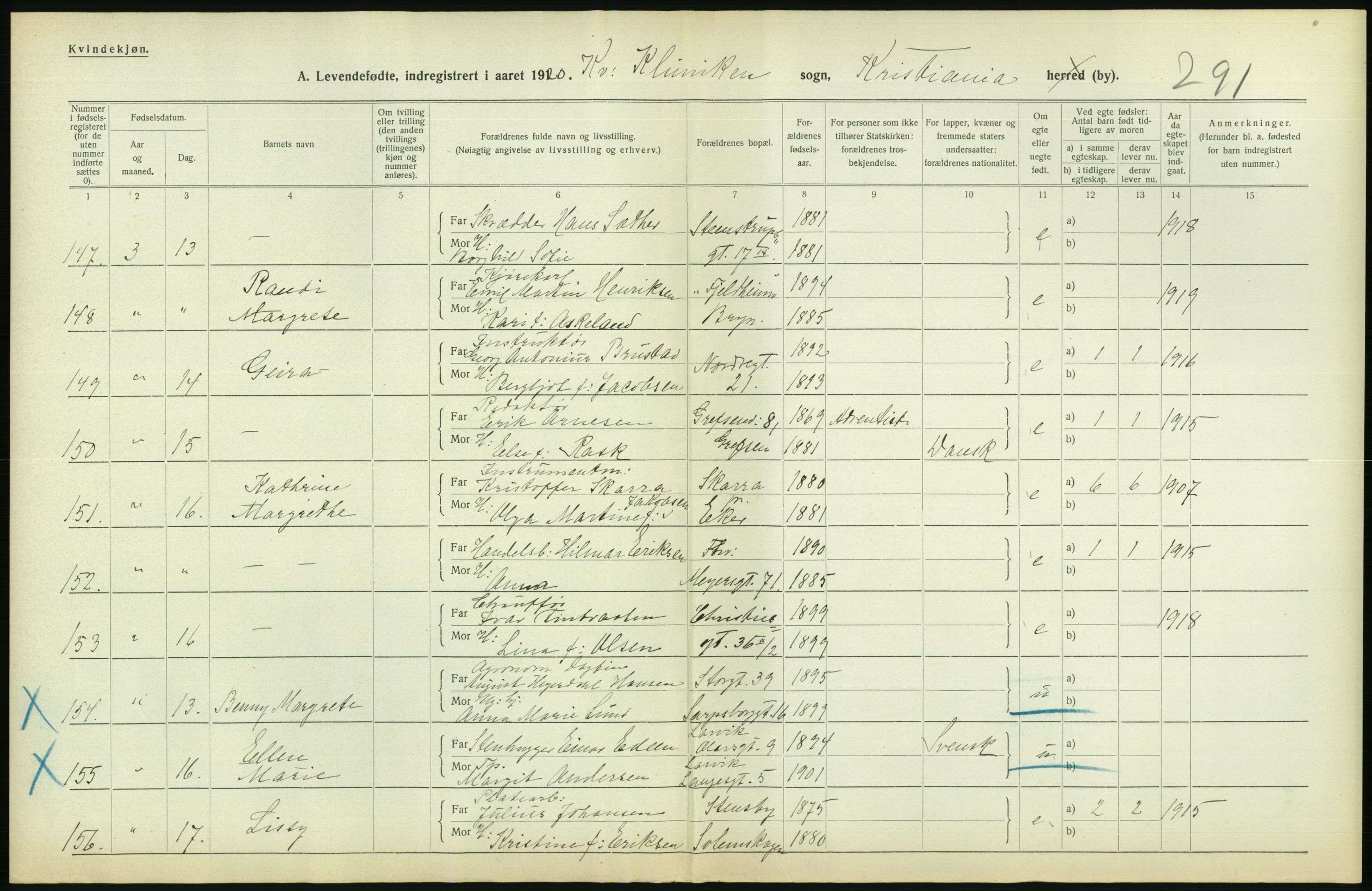 Statistisk sentralbyrå, Sosiodemografiske emner, Befolkning, AV/RA-S-2228/D/Df/Dfb/Dfbj/L0008: Kristiania: Levendefødte menn og kvinner., 1920, p. 558