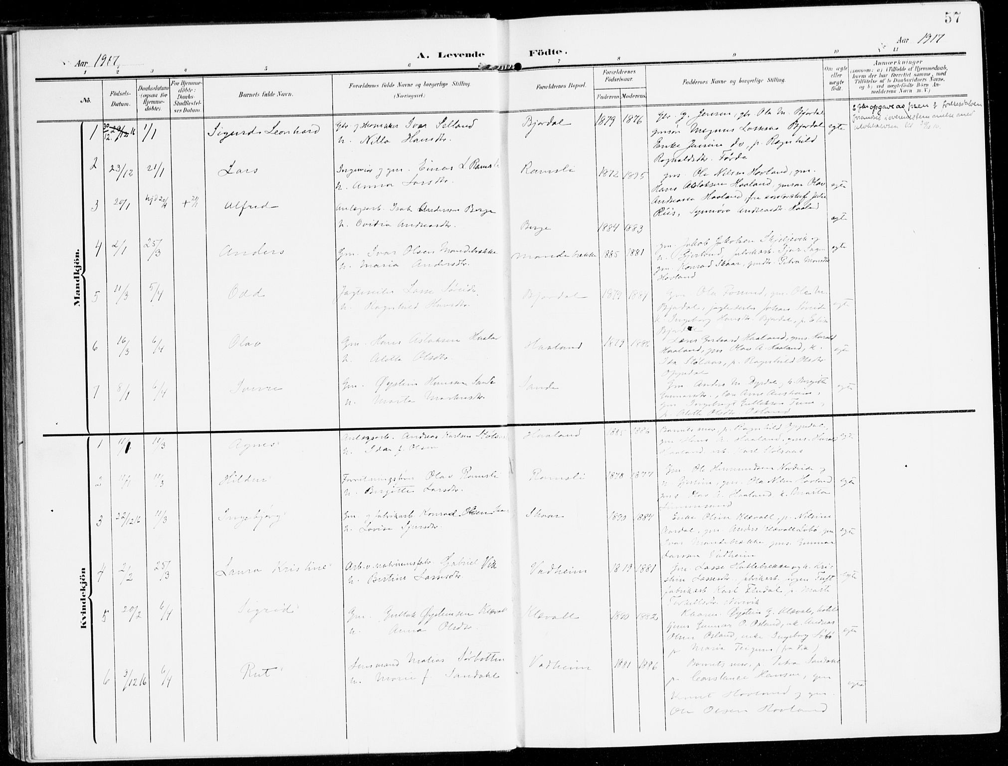 Lavik sokneprestembete, AV/SAB-A-80901: Parish register (official) no. C 2, 1904-1921, p. 57