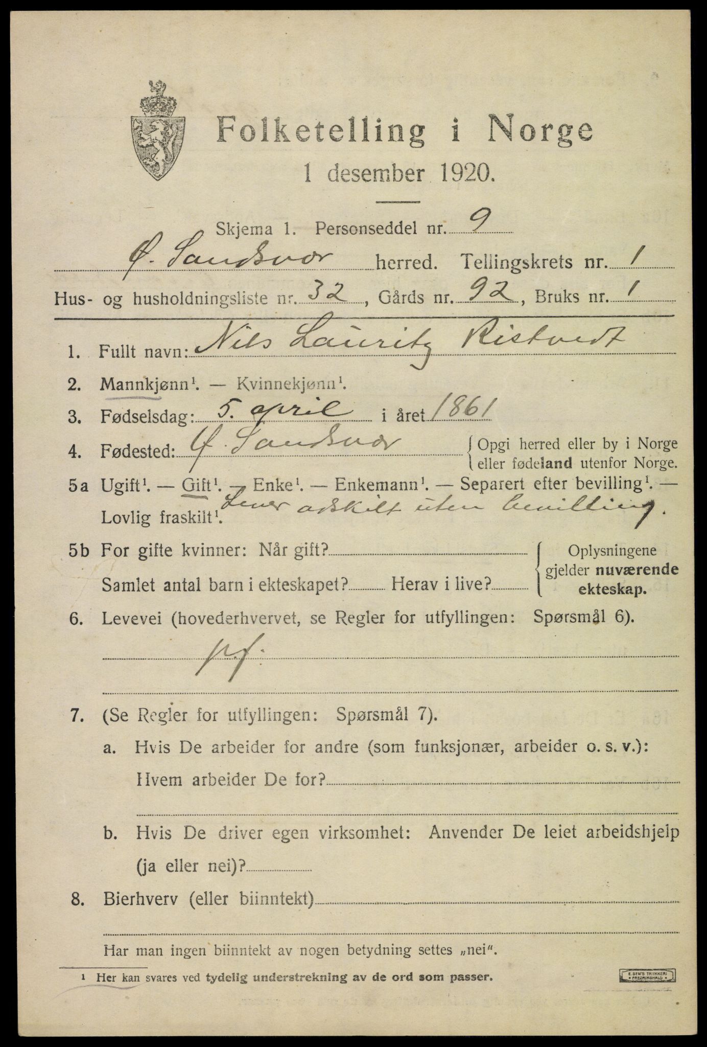 SAKO, 1920 census for Øvre Sandsvær, 1920, p. 1336