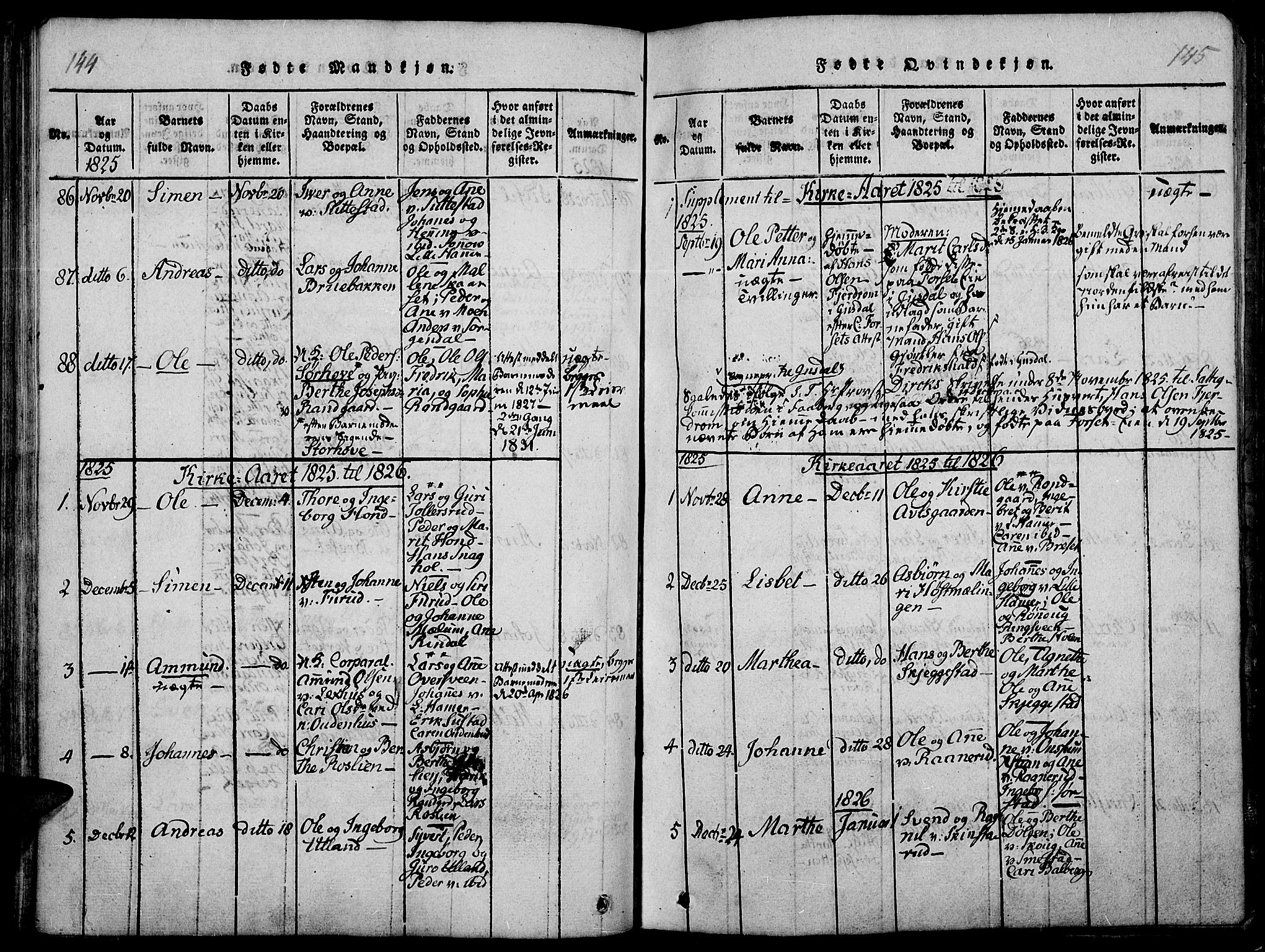 Fåberg prestekontor, AV/SAH-PREST-086/H/Ha/Haa/L0003: Parish register (official) no. 3, 1818-1833, p. 144-145