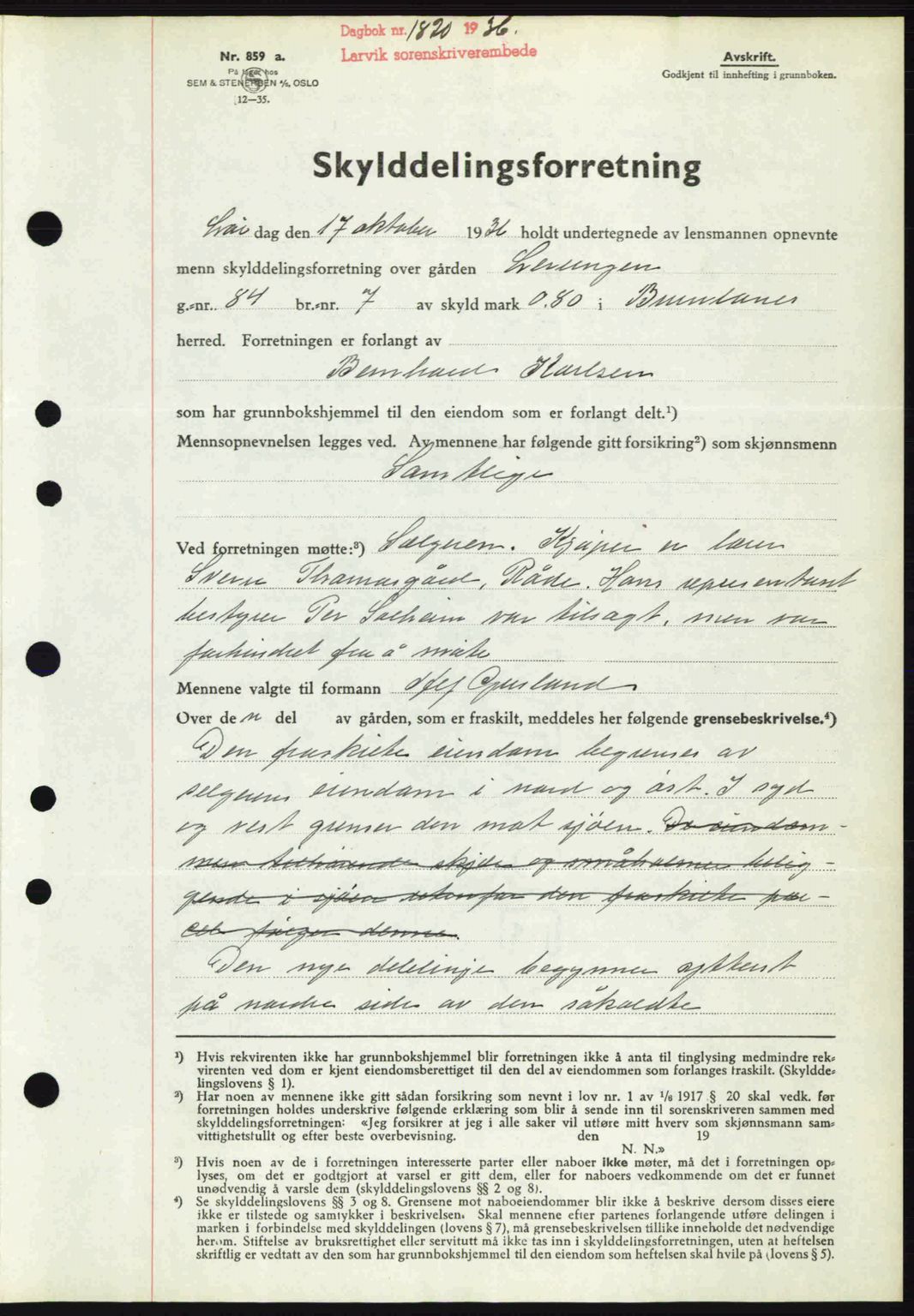 Larvik sorenskriveri, SAKO/A-83/G/Ga/Gab/L0067: Mortgage book no. A-1, 1936-1937, Diary no: : 1820/1936