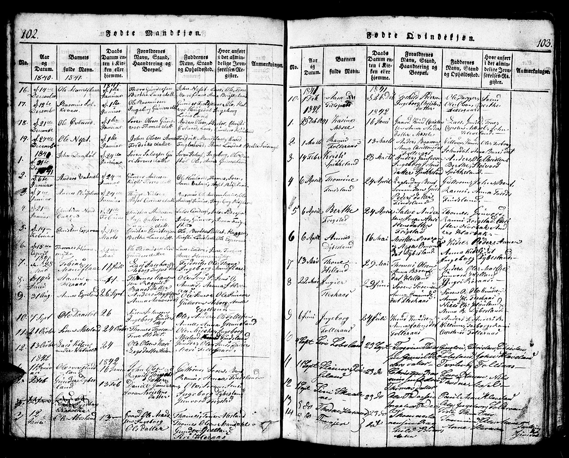 Bjelland sokneprestkontor, SAK/1111-0005/F/Fb/Fbb/L0003: Parish register (copy) no. B 3, 1816-1868, p. 102-103