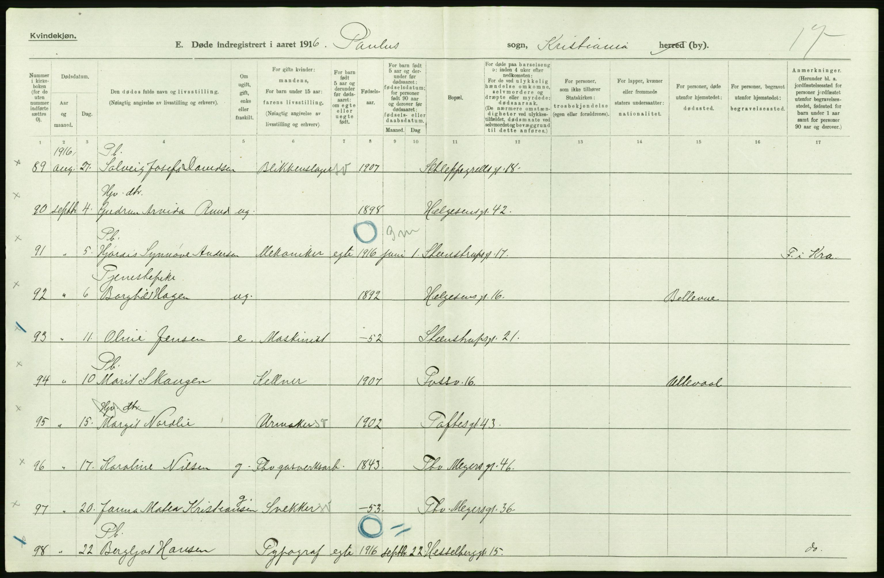 Statistisk sentralbyrå, Sosiodemografiske emner, Befolkning, AV/RA-S-2228/D/Df/Dfb/Dfbf/L0009: Kristiania: Døde., 1916, p. 26