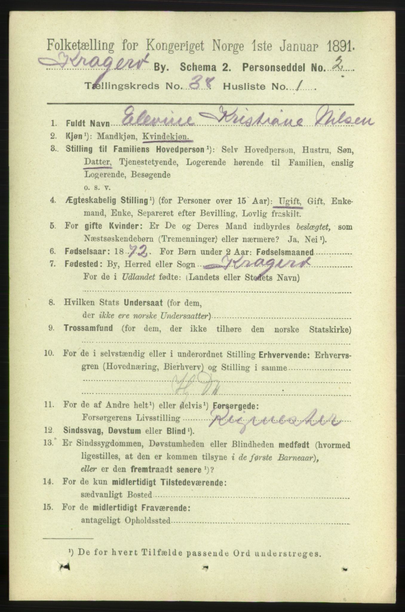 RA, 1891 census for 0801 Kragerø, 1891, p. 7125